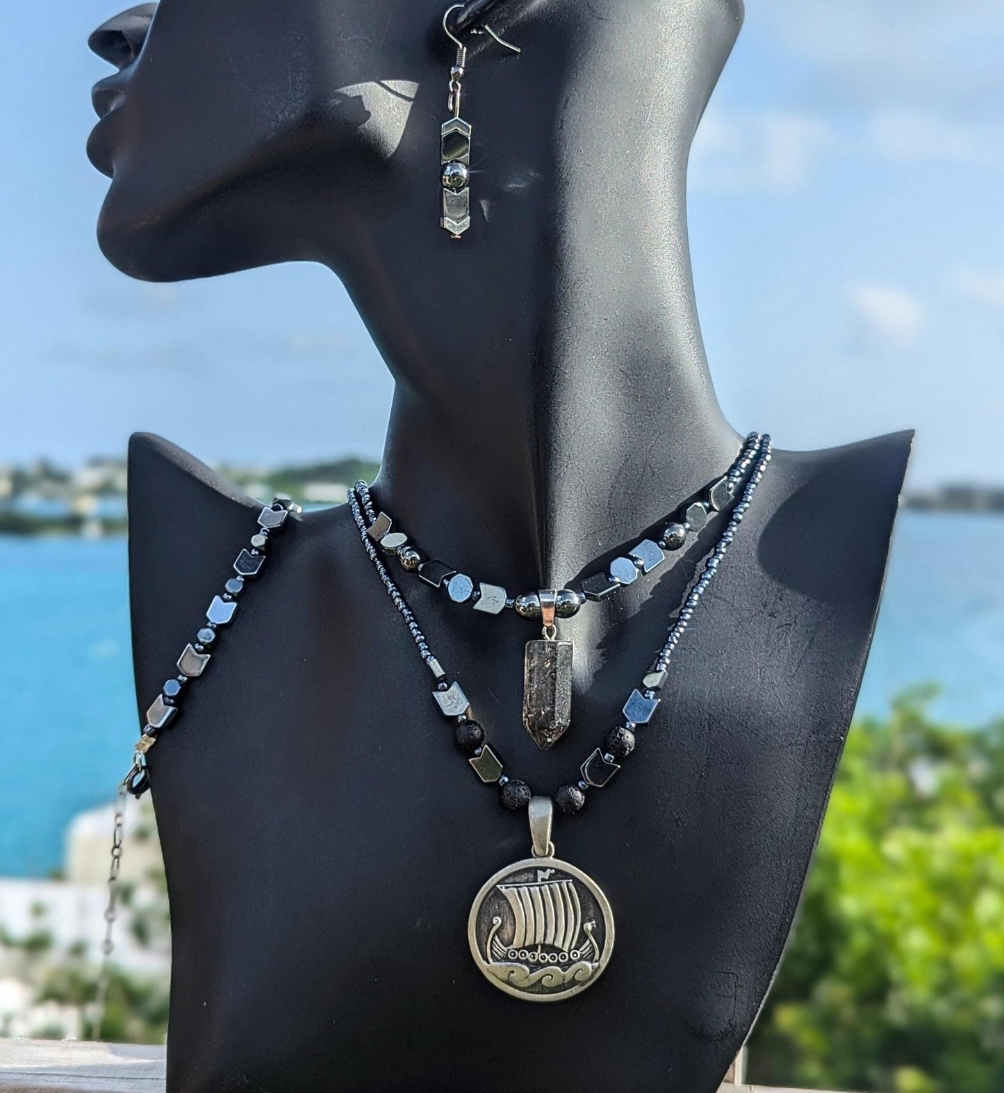 NORWAY Raven Skull Set: with Stainless Steel Raven Skull Pendant, Silver Arrow and Hematite Styled Beaded Necklace, Bracelet and Earrings