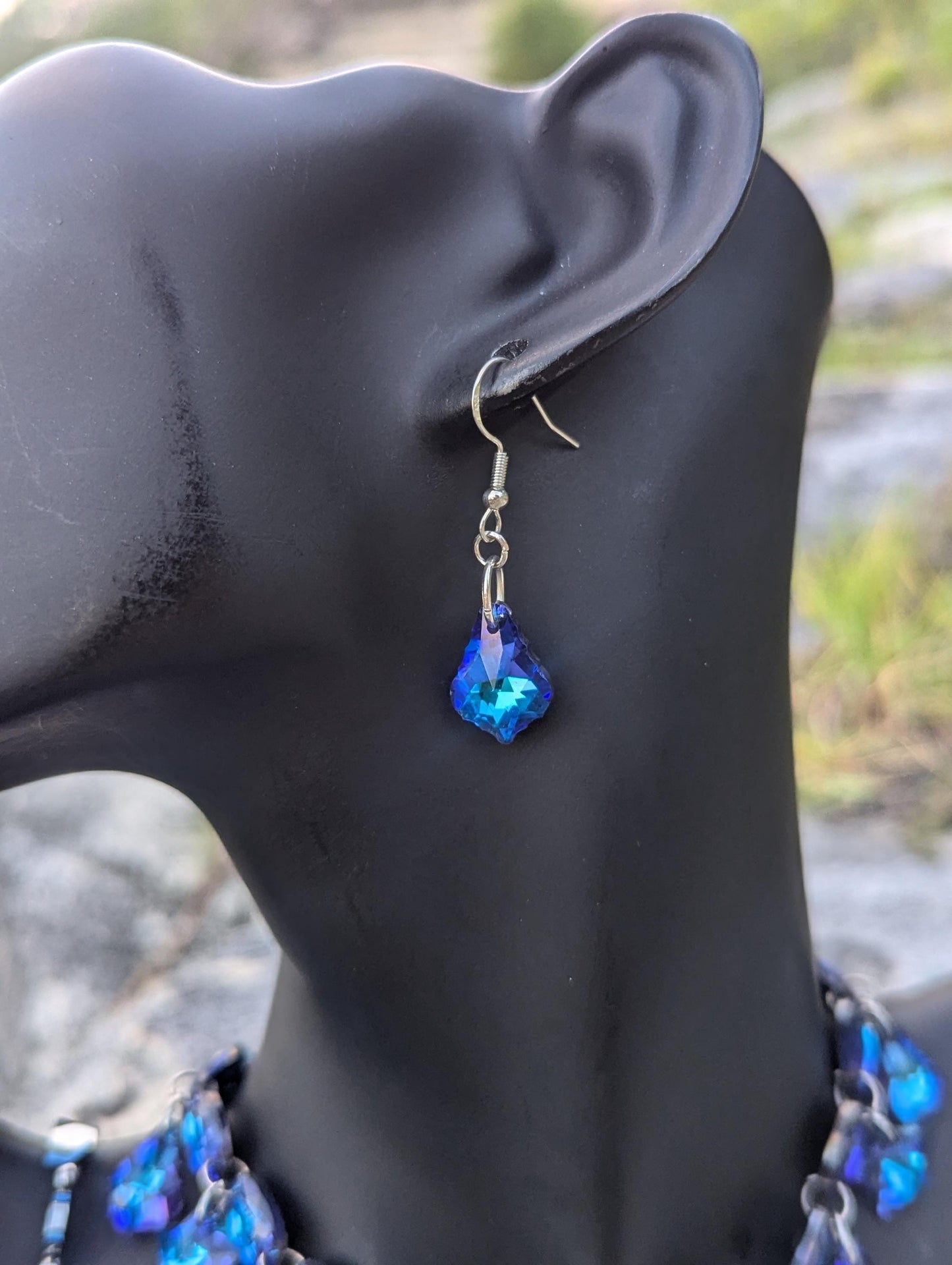 Blue Nights Composition: Royal Blue Glass Baroque, Oval, Star, Triangle, Rhombic Pendants, Silver Moon Star Earrings, Purple Beaded Bracelet