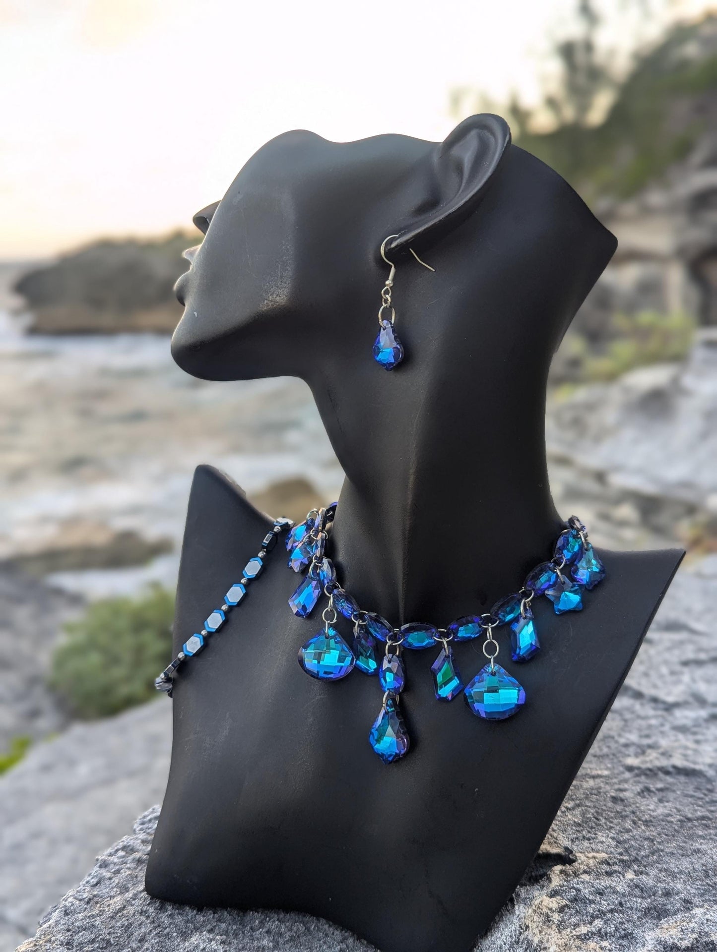 Blue Nights Composition: Royal Blue Glass Baroque, Oval, Star, Triangle, Rhombic Pendants, Silver Moon Star Earrings, Purple Beaded Bracelet