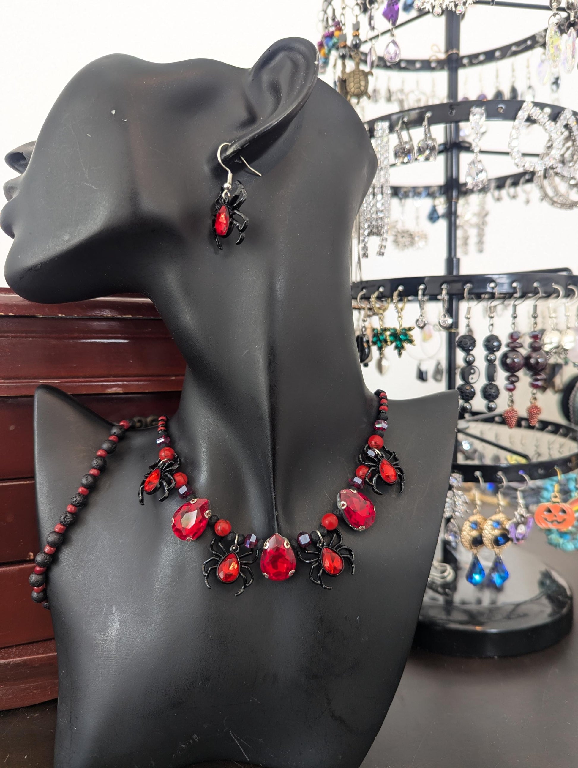 Black Widow Set: Gothic black red set with glass red drop pendants and black widow red gem spider pendants