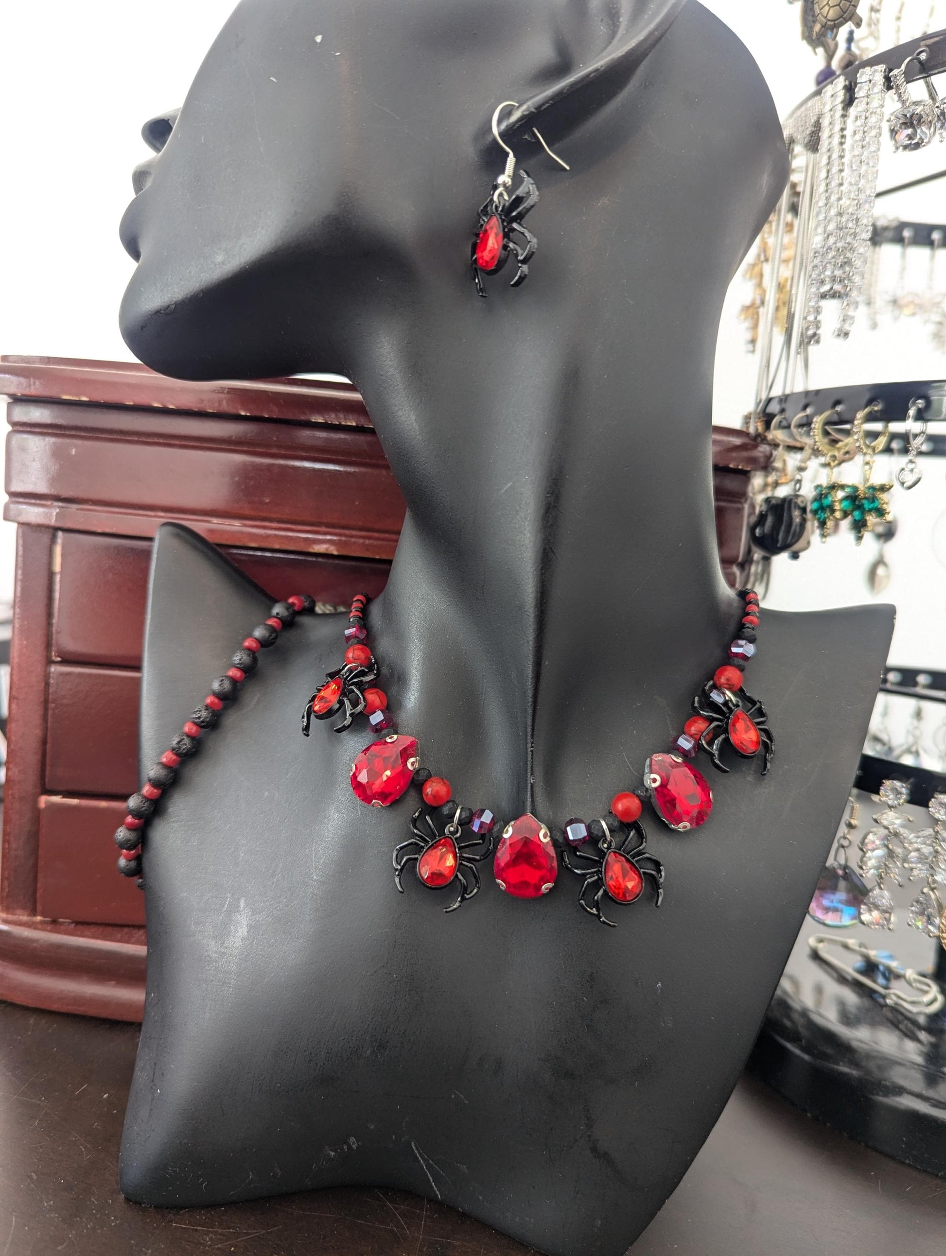 Black Widow Set: Gothic black red set with glass red drop pendants and black widow red gem spider pendants