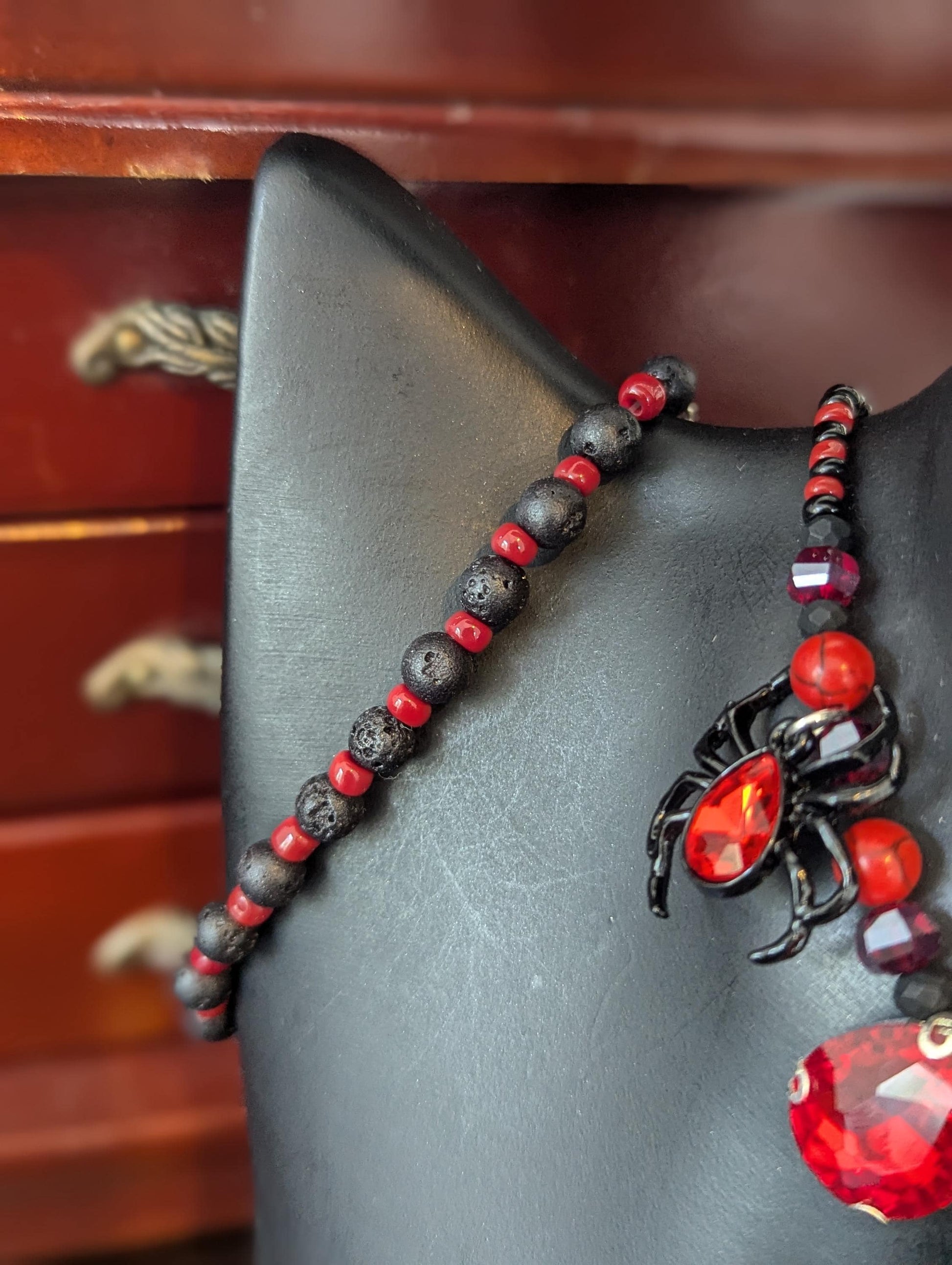 Black Widow Set: Gothic black red set with glass red drop pendants and black widow red gem spider pendants