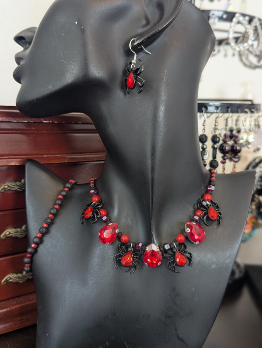 Black Widow Set: Gothic black red set with glass red drop pendants and black widow red gem spider pendants