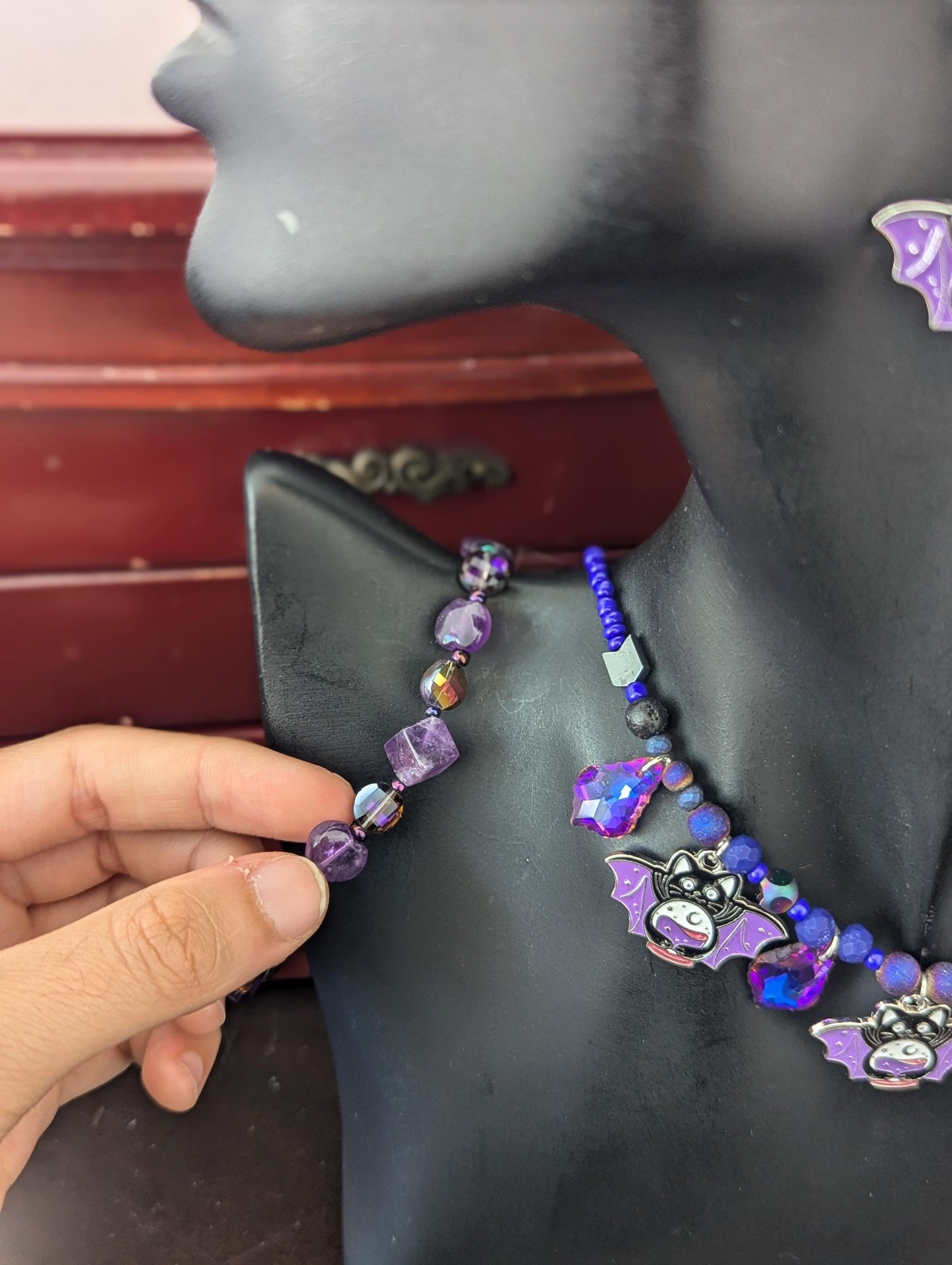 Halloween Purple Cat-Bat Set: Bat cat holding a crystal ball pendants necklace and earrings, purple baroque pendants Amethyst bracelet