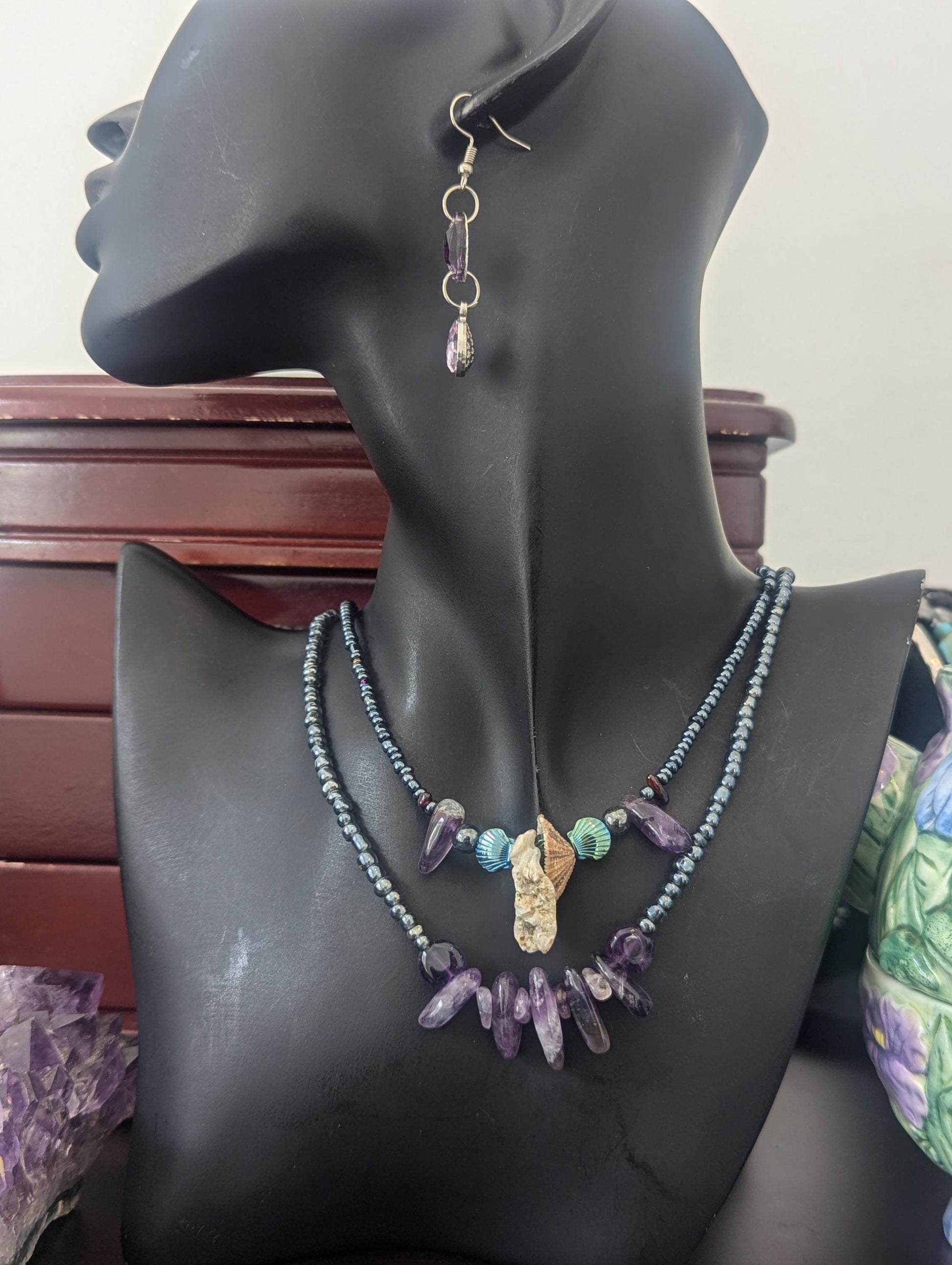 Rakefet! Amethyst Layers 5: Israeli White-Amber Shells, Amethyst Beads, Light Blue Shell Beads, Two Layered Necklaces and Drop Earrings