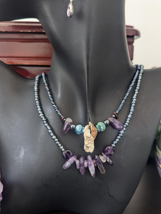 Rakefet! Amethyst Layers 5: Israeli White-Amber Shells, Amethyst Beads, Light Blue Shell Beads, Two Layered Necklaces and Drop Earrings