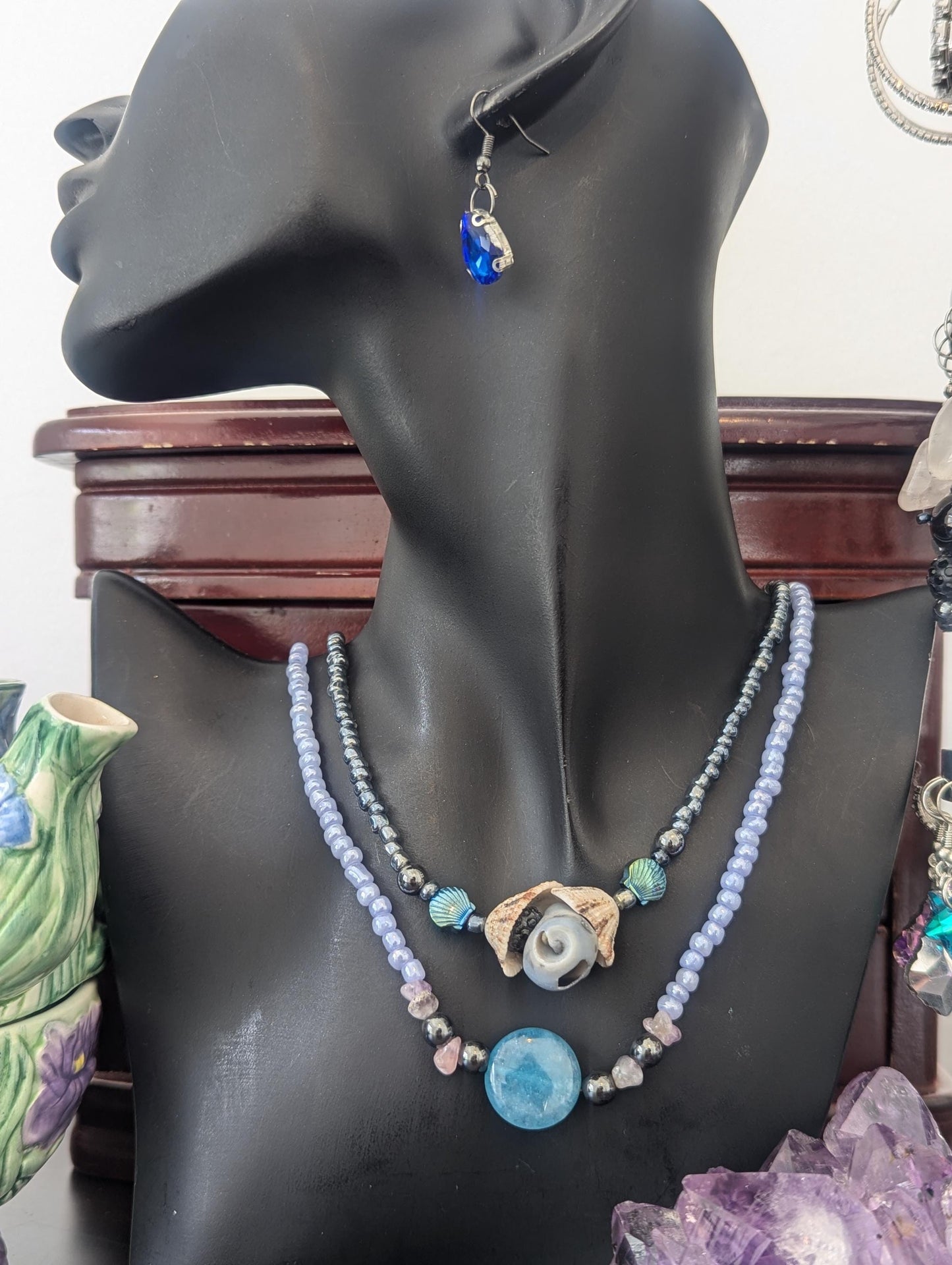 Rakefet! Amethyst Layers 8: Israeli Shells, Amethyst, Blue Agate and Hematite Styled Beads, Two Layered Necklaces with Blue Drop Earrings