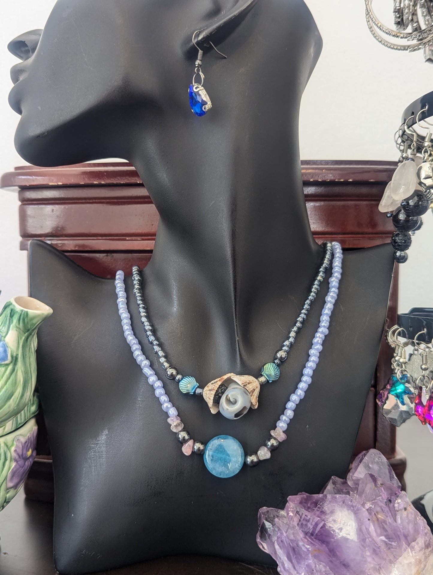 Rakefet! Amethyst Layers 8: Israeli Shells, Amethyst, Blue Agate and Hematite Styled Beads, Two Layered Necklaces with Blue Drop Earrings