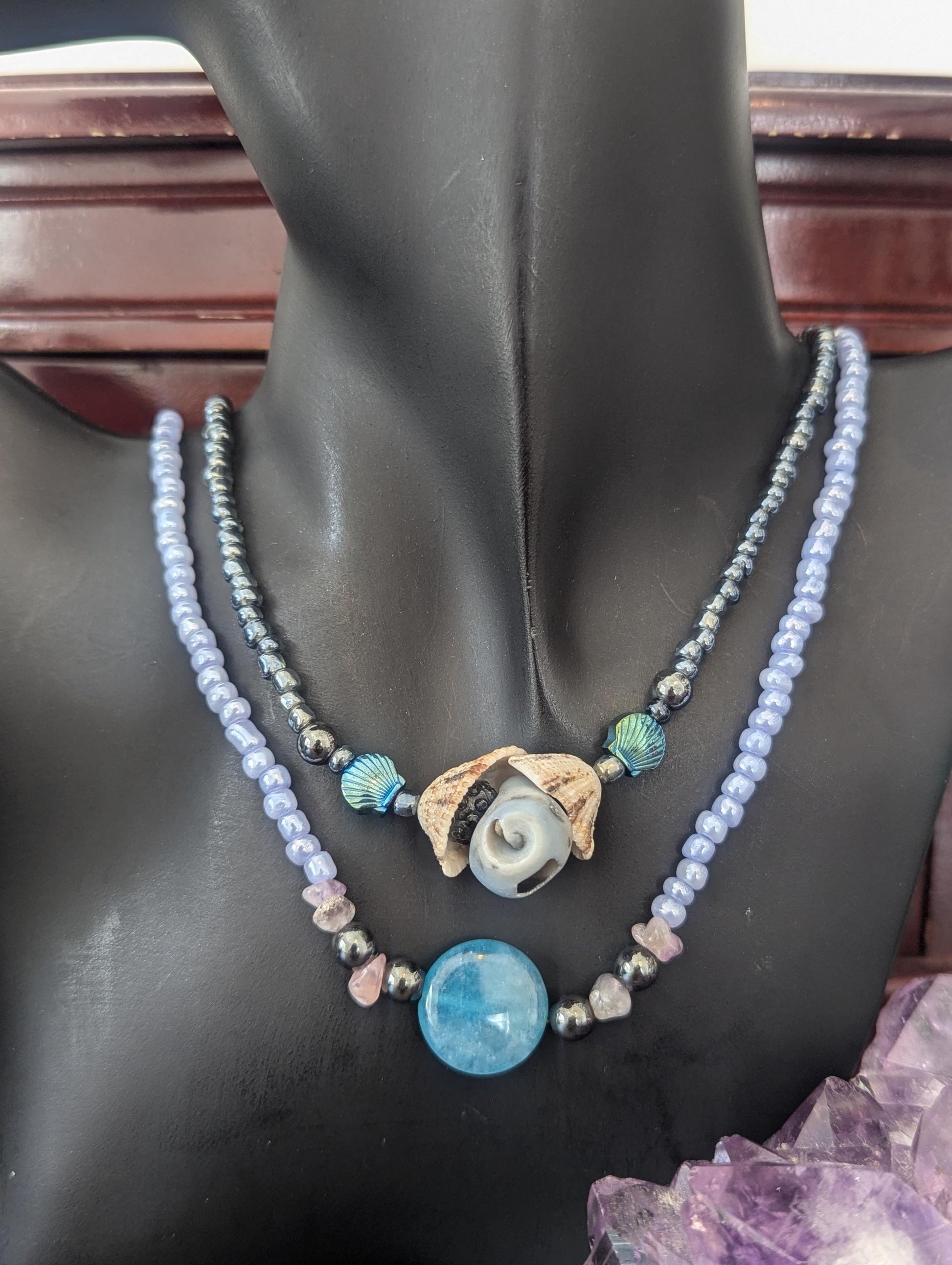 Rakefet! Amethyst Layers 8: Israeli Shells, Amethyst, Blue Agate and Hematite Styled Beads, Two Layered Necklaces with Blue Drop Earrings