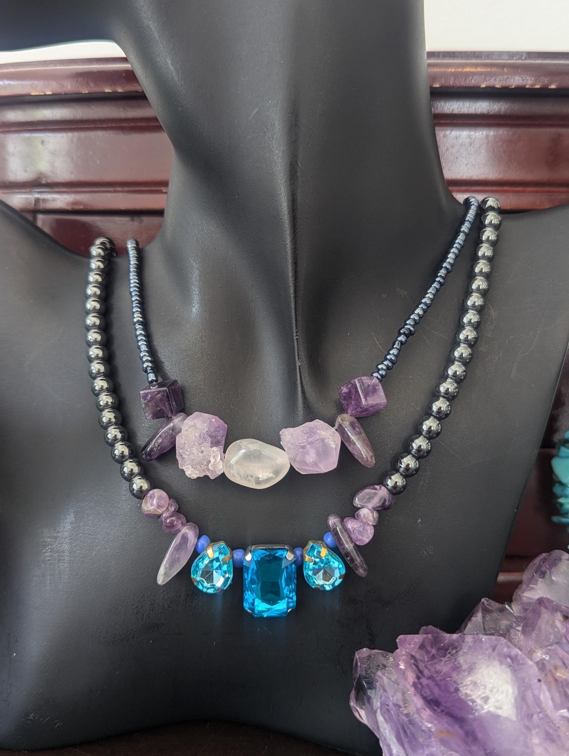 Rakefet! Amethyst Layers 9: Israeli Shell, Amethyst and Hematite Styled Beads, Rectangular Light Blue Pendant and Drop Pendants