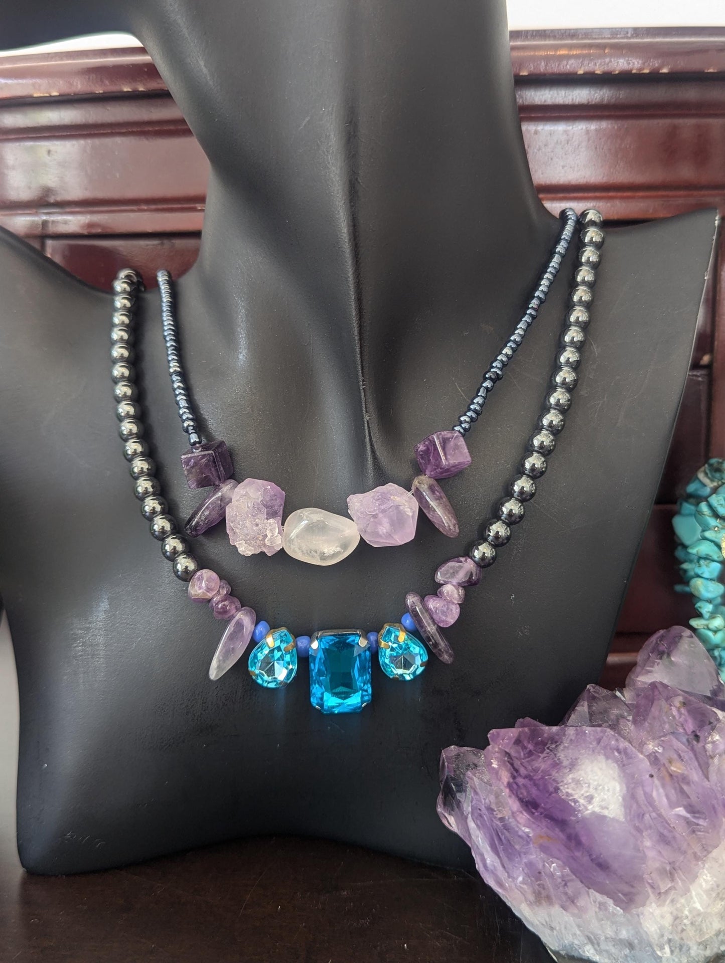 Rakefet! Amethyst Layers 9: Israeli Shell, Amethyst and Hematite Styled Beads, Rectangular Light Blue Pendant and Drop Pendants