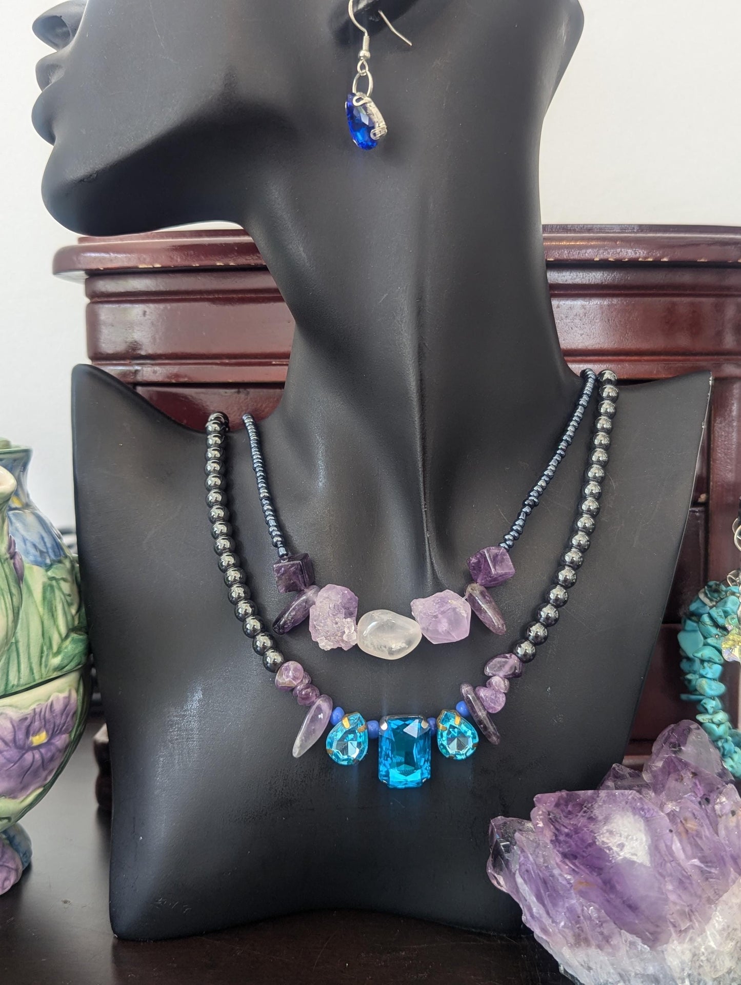 Rakefet! Amethyst Layers 9: Israeli Shell, Amethyst and Hematite Styled Beads, Rectangular Light Blue Pendant and Drop Pendants