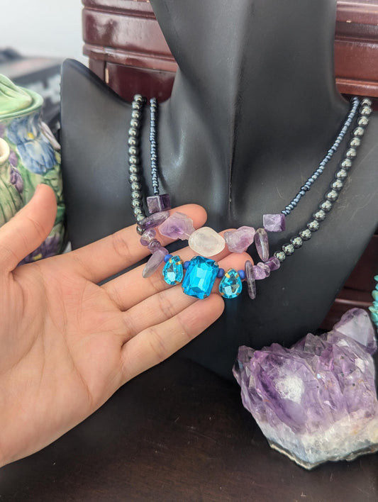 Rakefet! Amethyst Layers 9: Israeli Shell, Amethyst and Hematite Styled Beads, Rectangular Light Blue Pendant and Drop Pendants