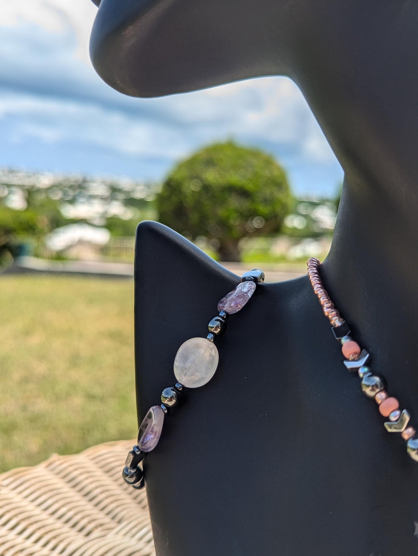 Rose Quartz Heart Set: with Rose Quartz light pink heart pendant and earrings, Amethyst and Rose Quartz beaded bracelet