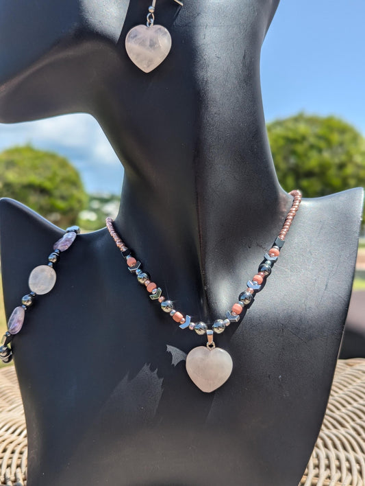 Rose Quartz Heart Set: with Rose Quartz light pink heart pendant and earrings, Amethyst and Rose Quartz beaded bracelet