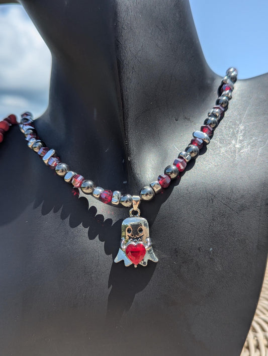 FANTASY WORLD Loveable Ghost Set: with silver ghost holding a red heart, beaded silver red necklace, crescent moon earrings and red bracelet