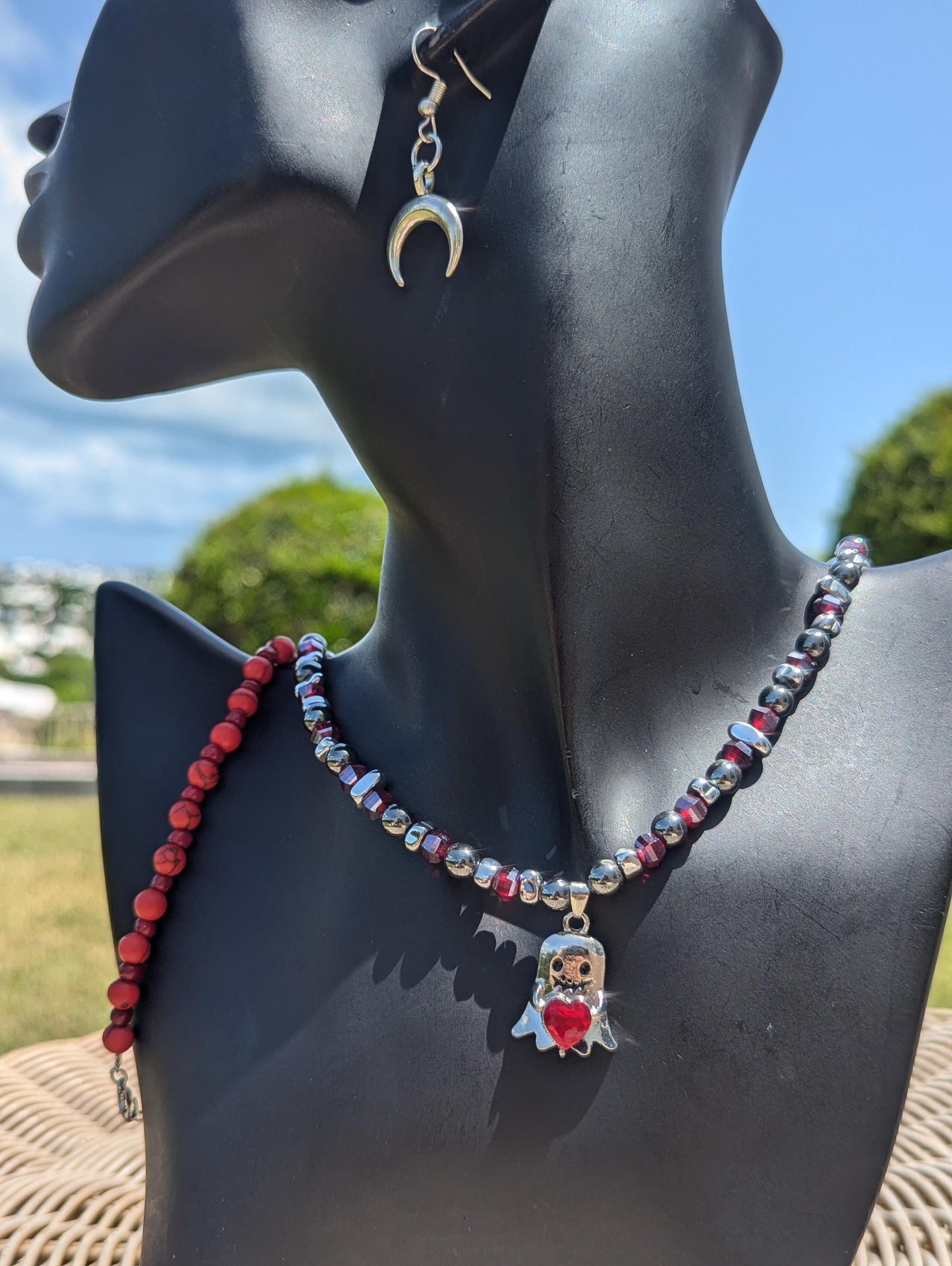 FANTASY WORLD Loveable Ghost Set: with silver ghost holding a red heart, beaded silver red necklace, crescent moon earrings and red bracelet