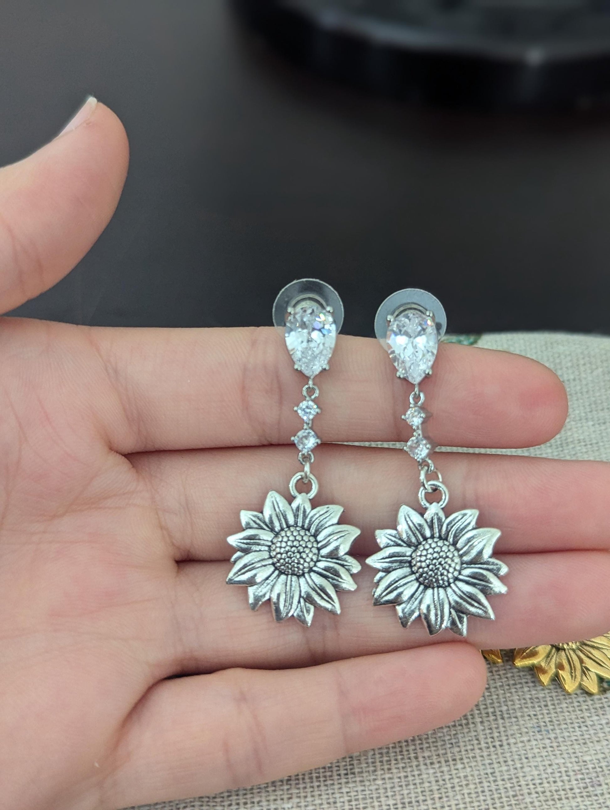 ISRAEL: Sunflower Zircon Earrings, choice of gold or silver