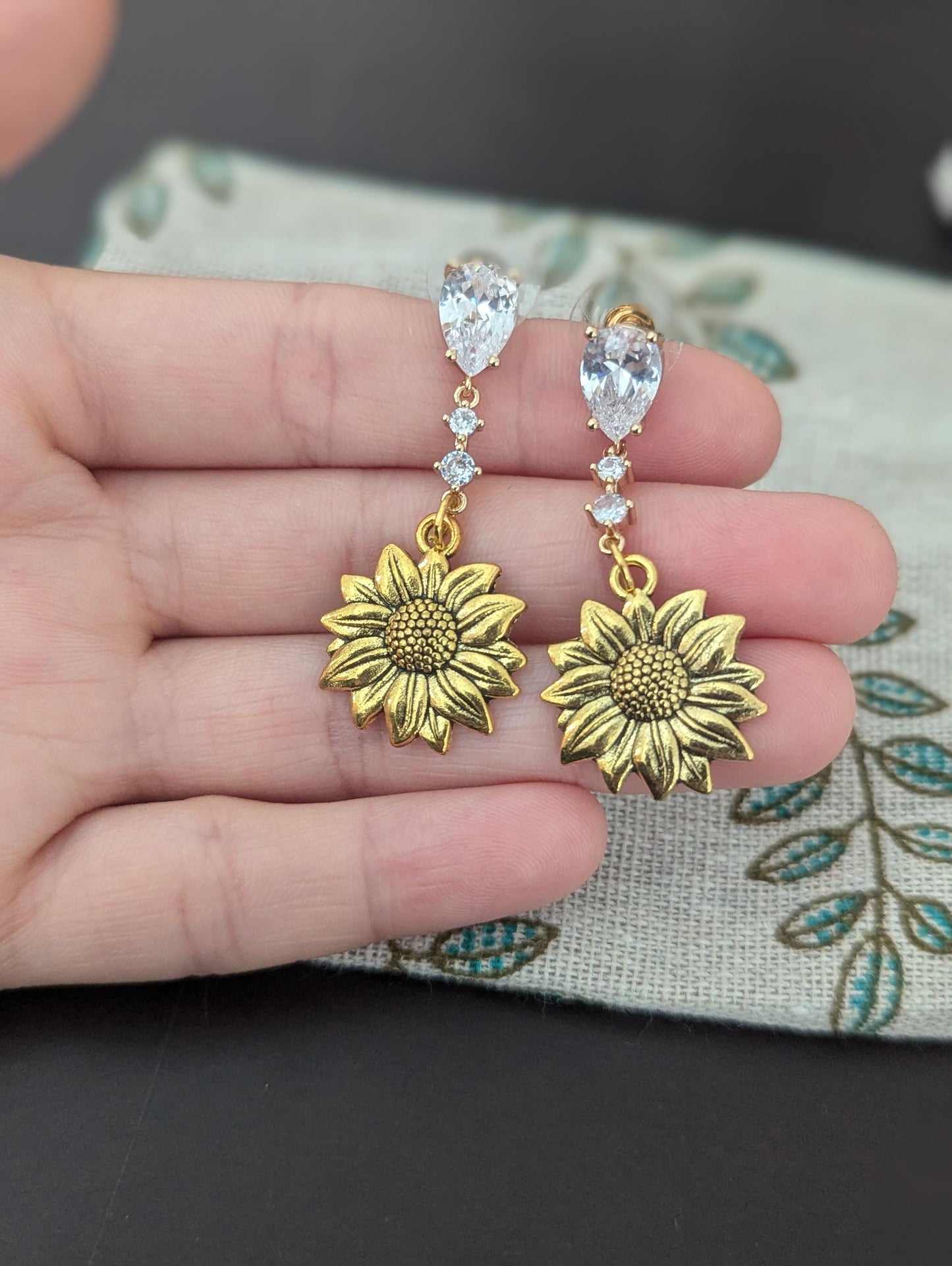 ISRAEL: Sunflower Zircon Earrings, choice of gold or silver