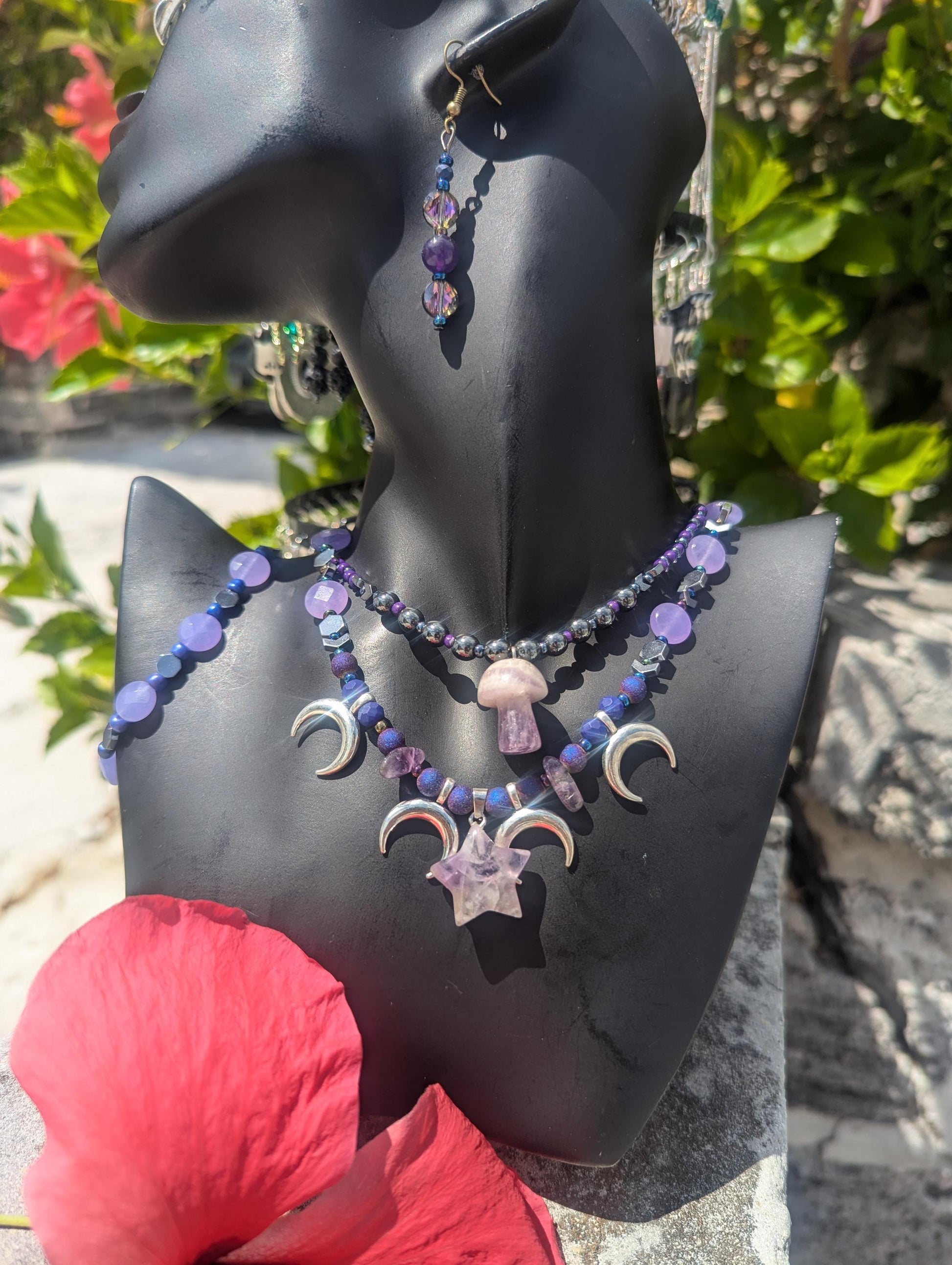 AMERICA East Coast Purple Mushroom Night: Amethyst necklaces with Mushroom and Star Pendants, silver moons, Agate and Amethyst beaded set