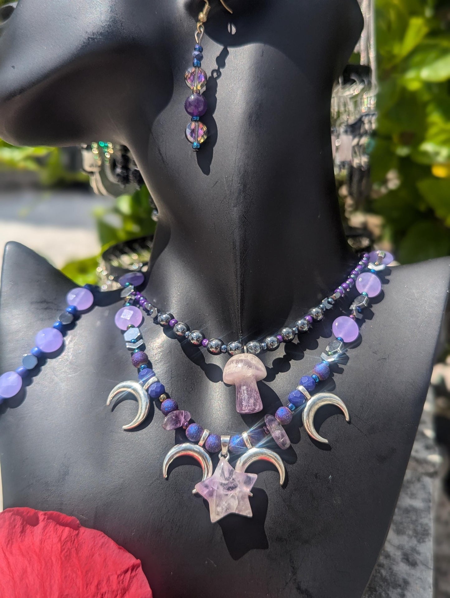 AMERICA East Coast Purple Mushroom Night: Amethyst necklaces with Mushroom and Star Pendants, silver moons, Agate and Amethyst beaded set