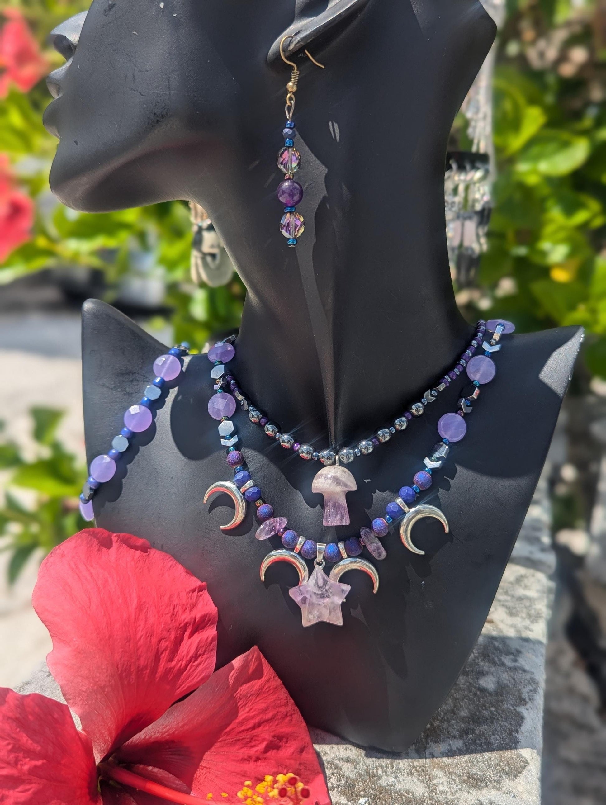 AMERICA East Coast Purple Mushroom Night: Amethyst necklaces with Mushroom and Star Pendants, silver moons, Agate and Amethyst beaded set