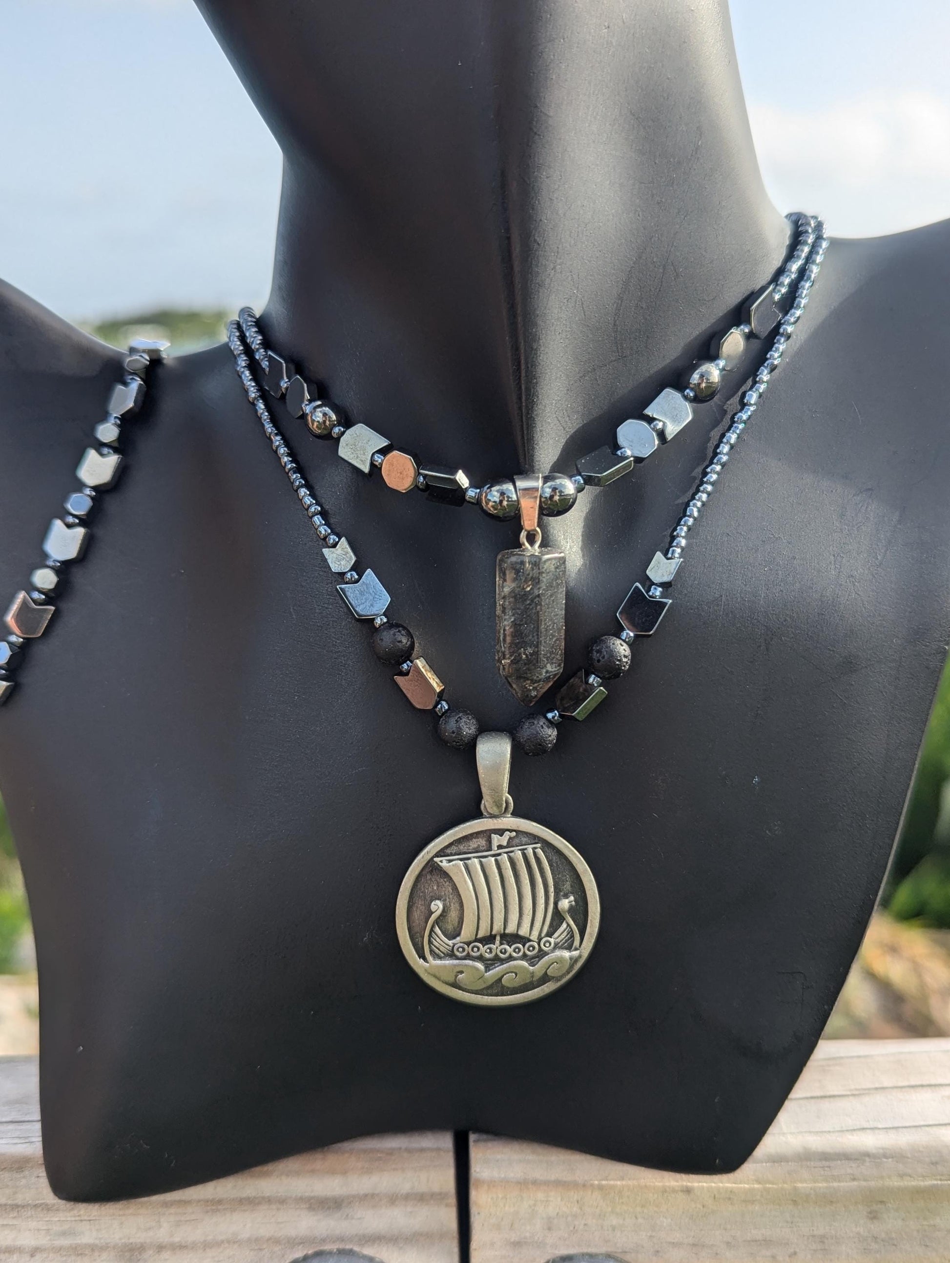 NORWAY Raven Skull Set: with Stainless Steel Raven Skull Pendant, Silver Arrow and Hematite Styled Beaded Necklace, Bracelet and Earrings