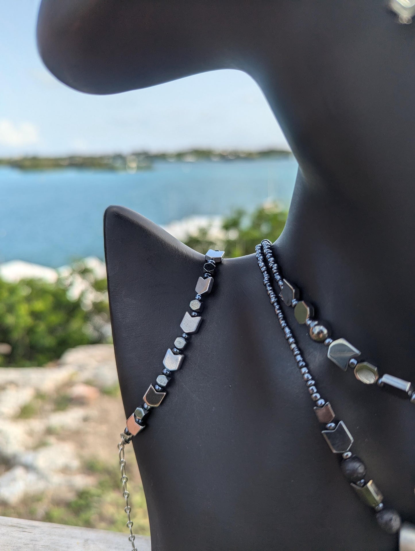 NORWAY Raven Skull Set: with Stainless Steel Raven Skull Pendant, Silver Arrow and Hematite Styled Beaded Necklace, Bracelet and Earrings