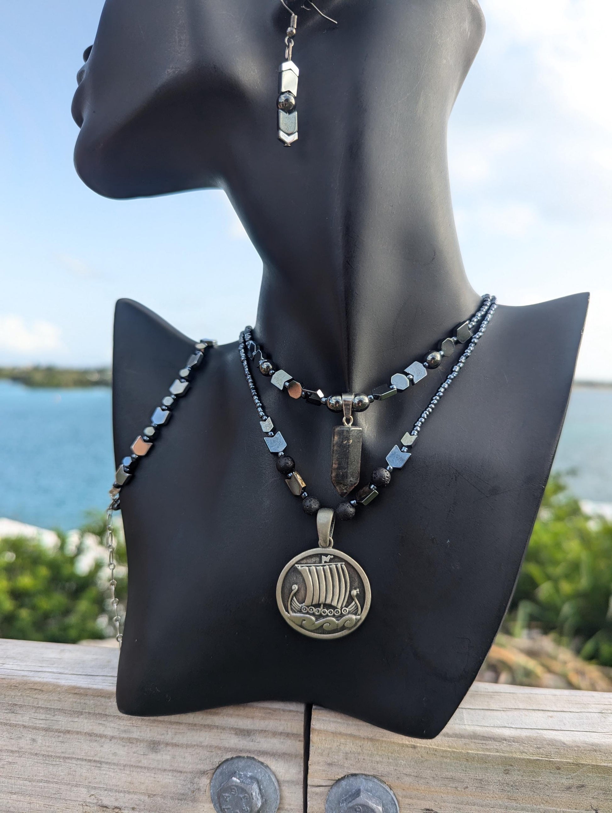 NORWAY Raven Skull Set: with Stainless Steel Raven Skull Pendant, Silver Arrow and Hematite Styled Beaded Necklace, Bracelet and Earrings