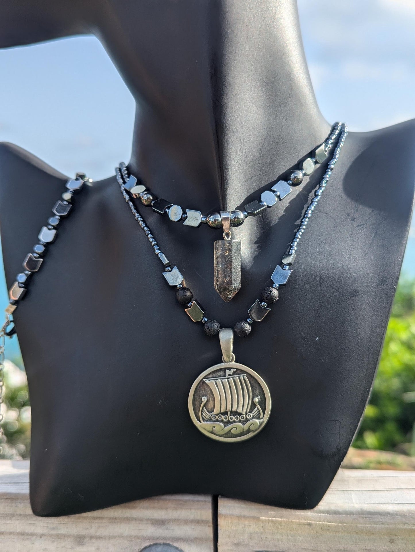 NORWAY Raven Skull Set: with Stainless Steel Raven Skull Pendant, Silver Arrow and Hematite Styled Beaded Necklace, Bracelet and Earrings