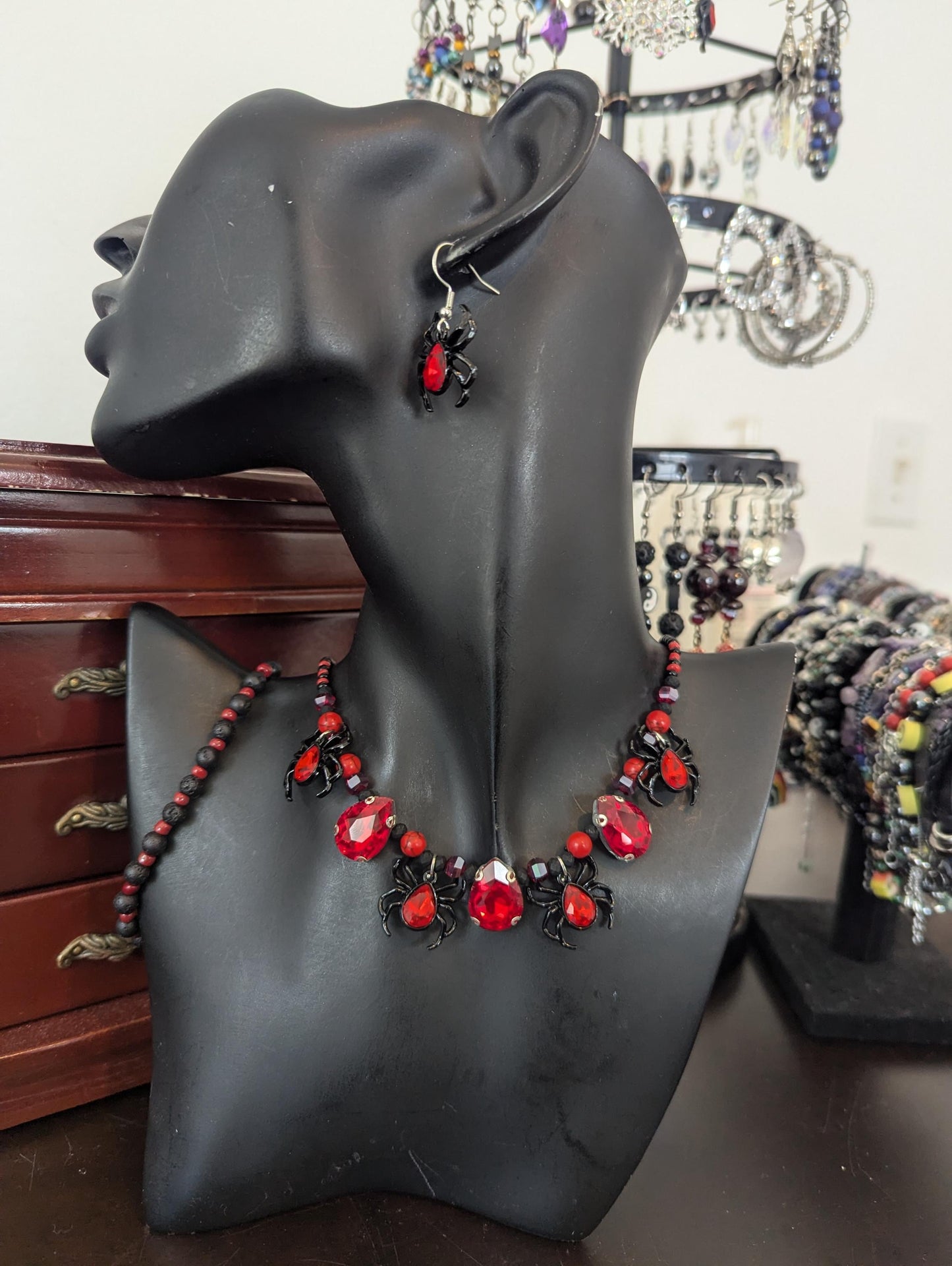 Black Widow Set: Gothic black red set with glass red drop pendants and black widow red gem spider pendants