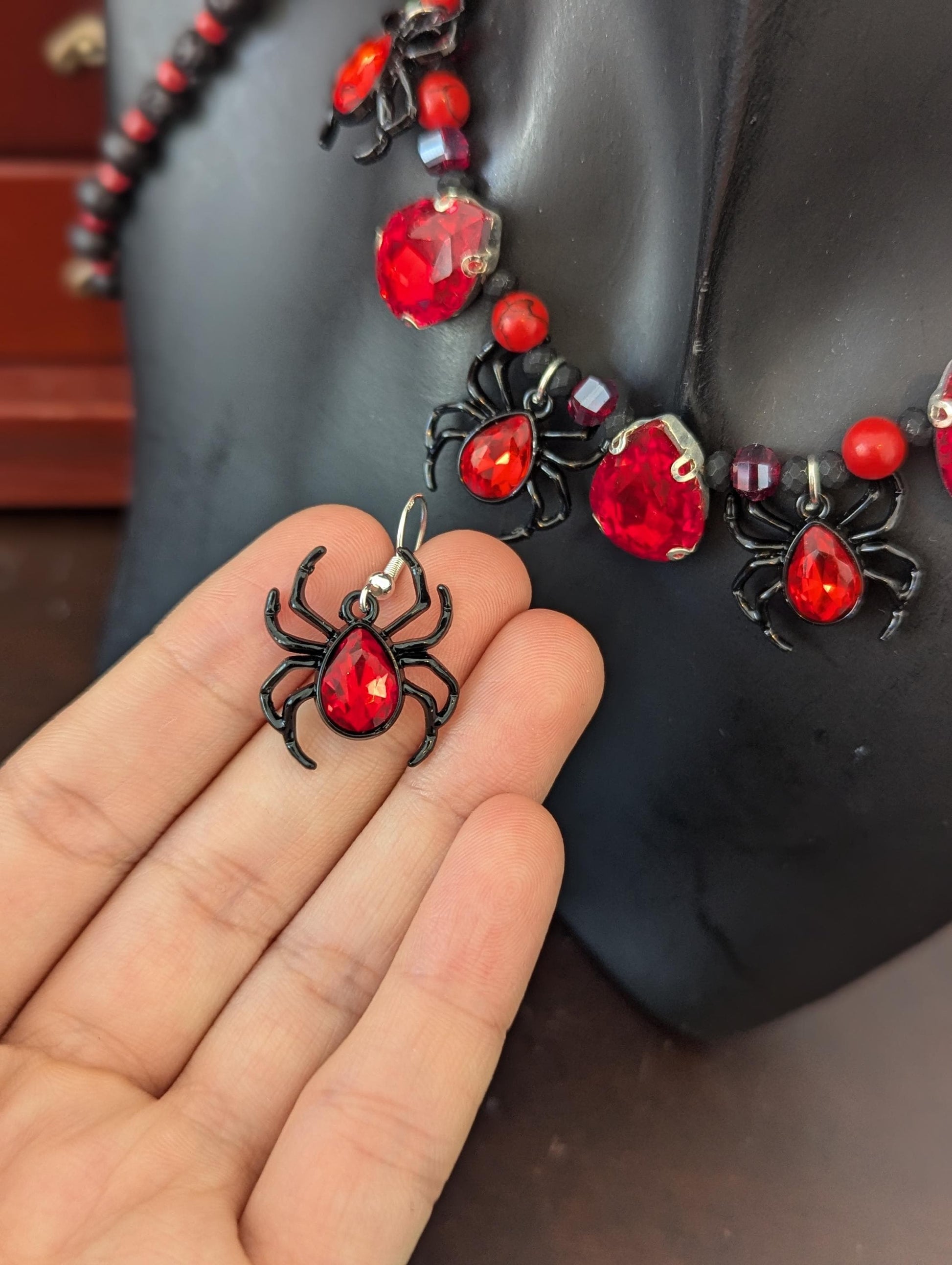 Black Widow Set: Gothic black red set with glass red drop pendants and black widow red gem spider pendants