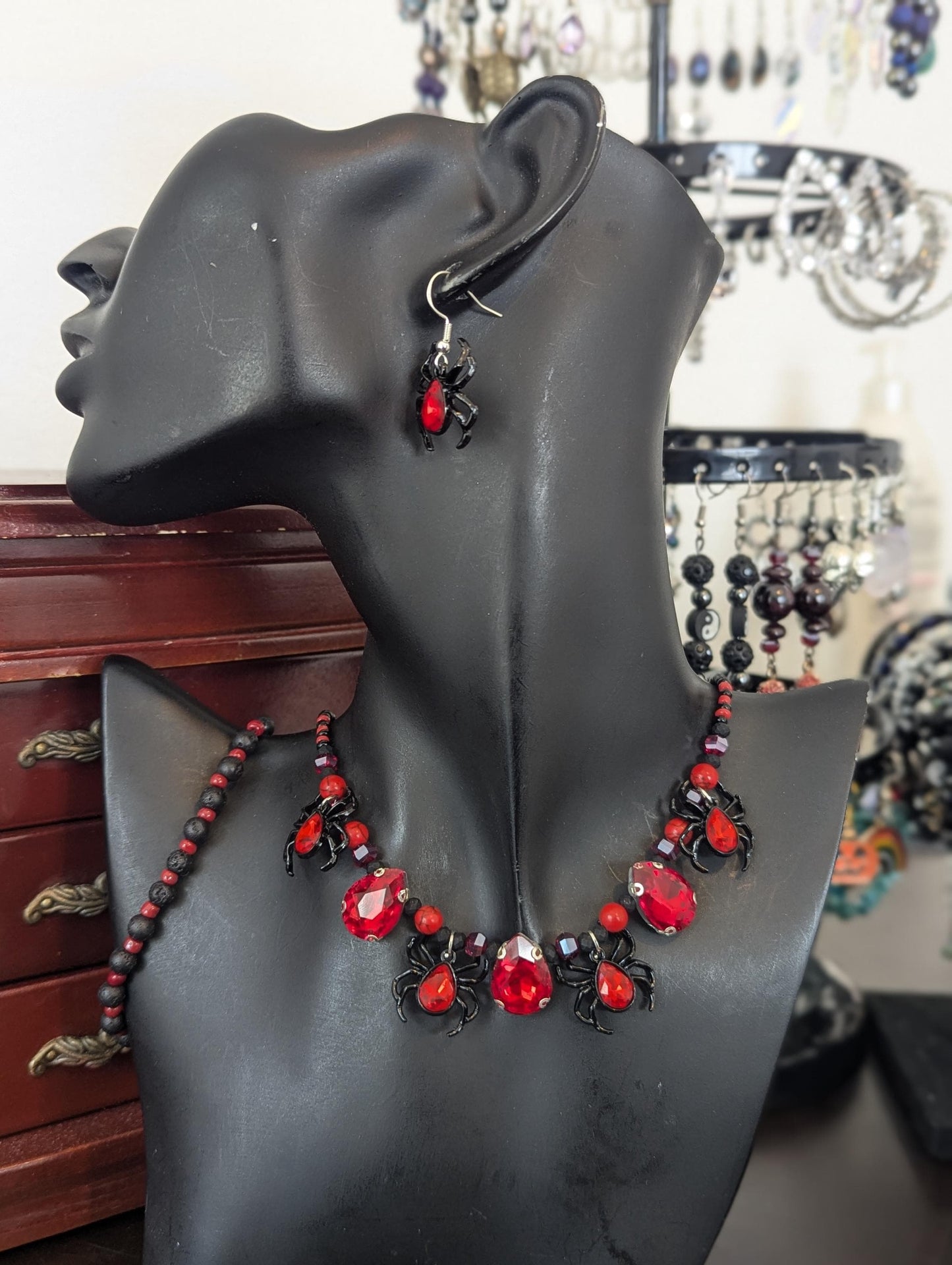 Black Widow Set: Gothic black red set with glass red drop pendants and black widow red gem spider pendants