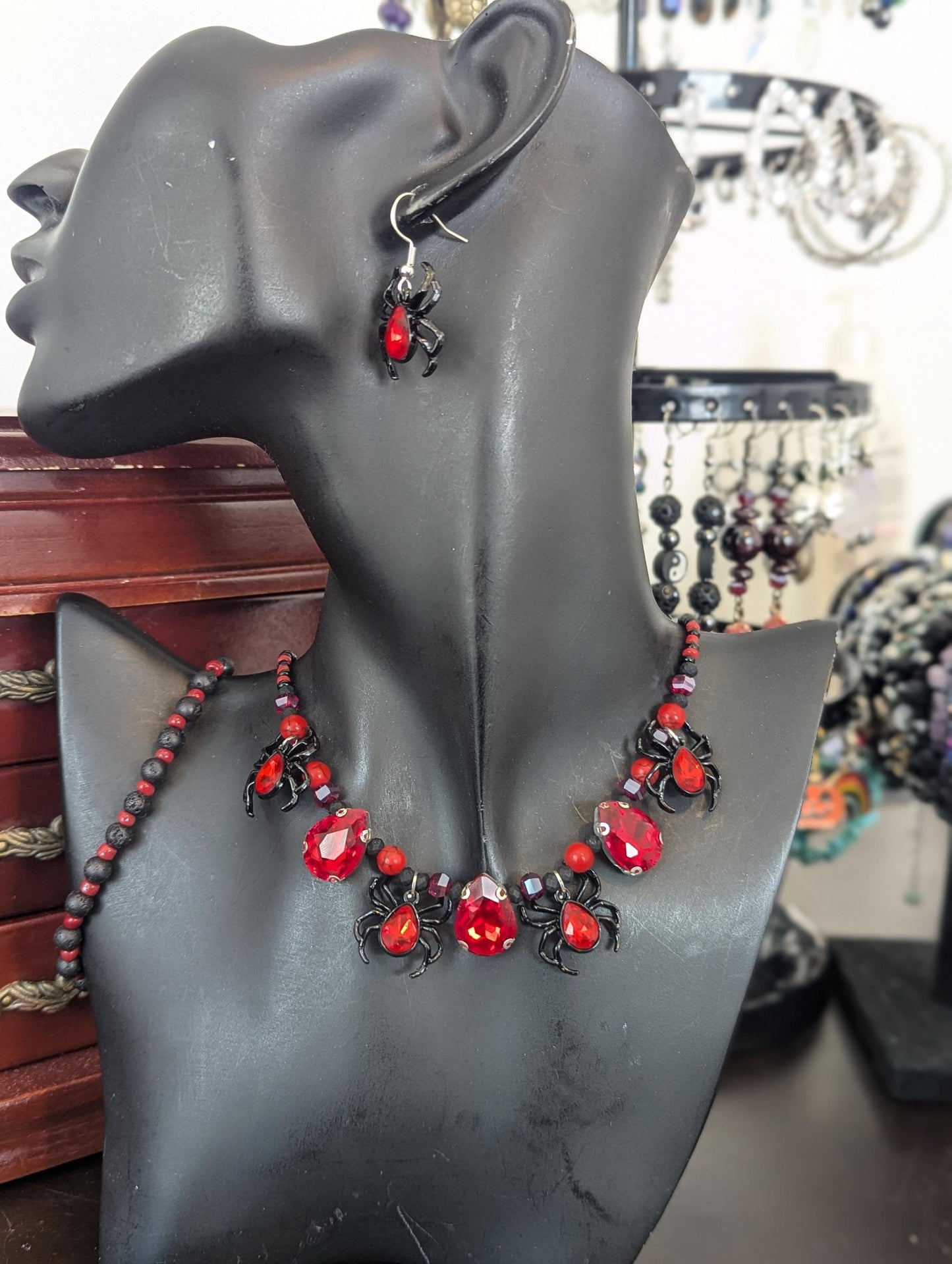 Black Widow Set: Gothic black red set with glass red drop pendants and black widow red gem spider pendants