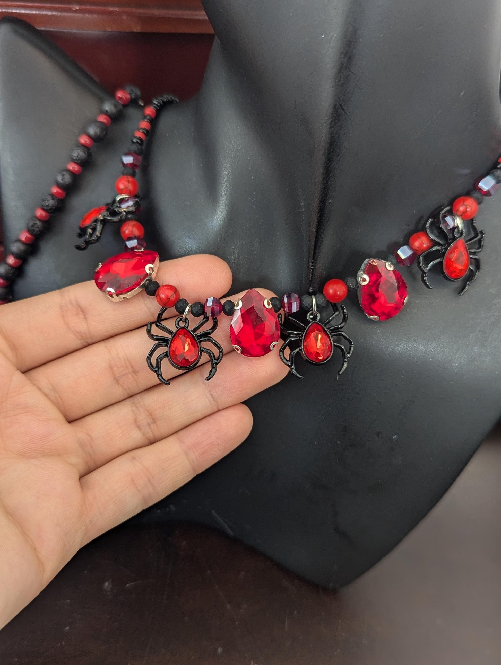 Black Widow Set: Gothic black red set with glass red drop pendants and black widow red gem spider pendants