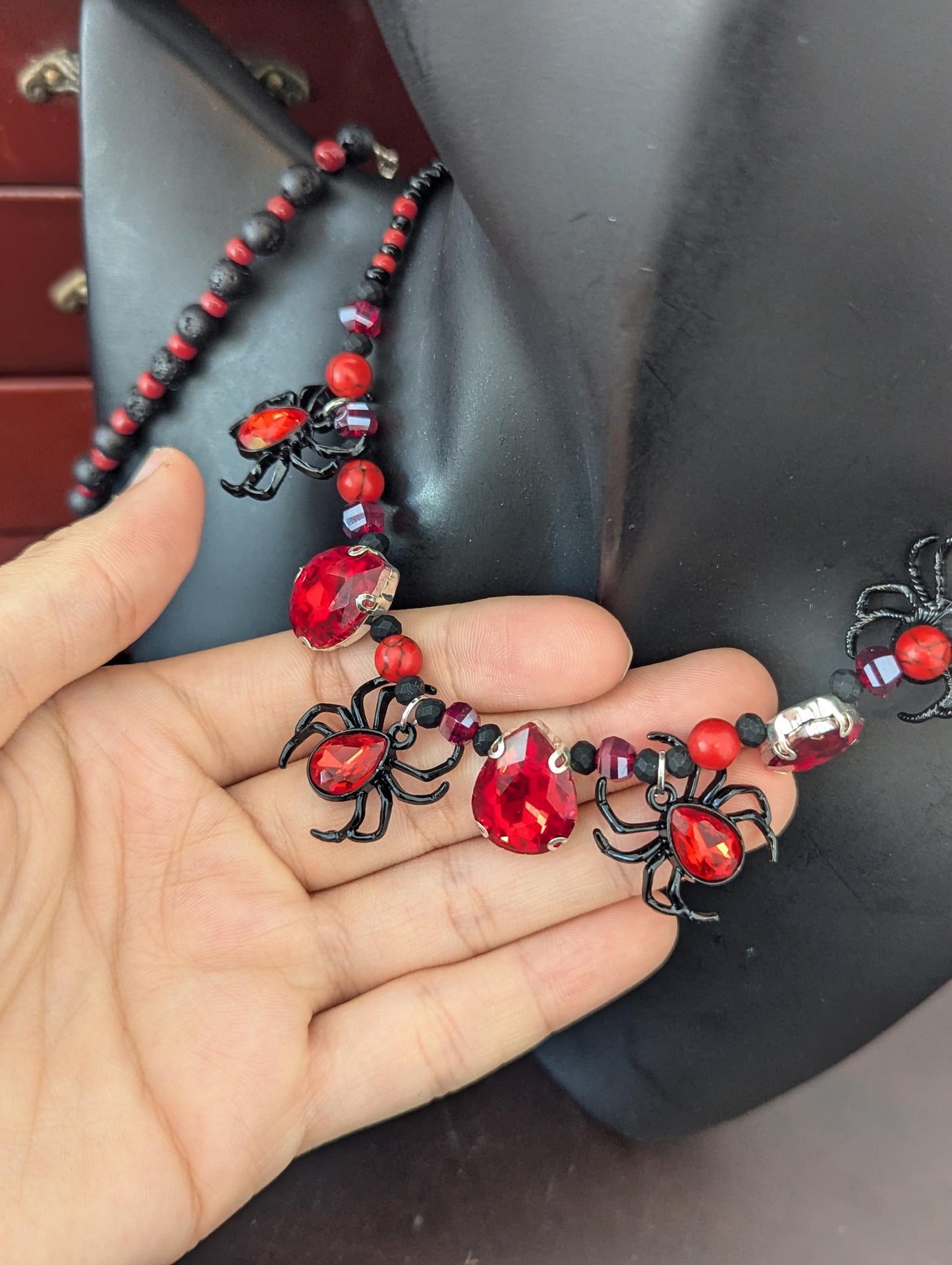 Black Widow Set: Gothic black red set with glass red drop pendants and black widow red gem spider pendants