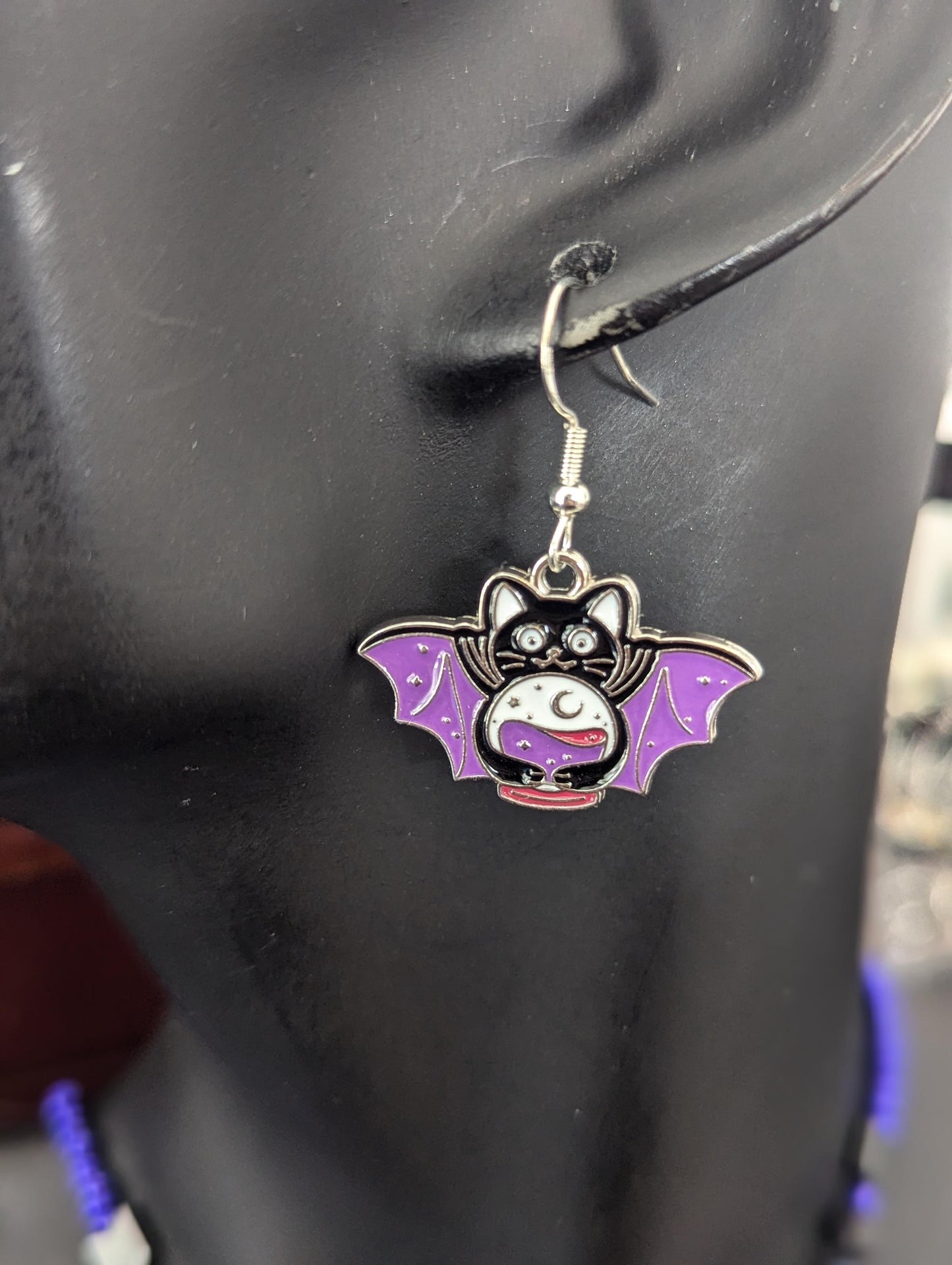 Halloween Purple Cat-Bat Set: Bat cat holding a crystal ball pendants necklace and earrings, purple baroque pendants Amethyst bracelet