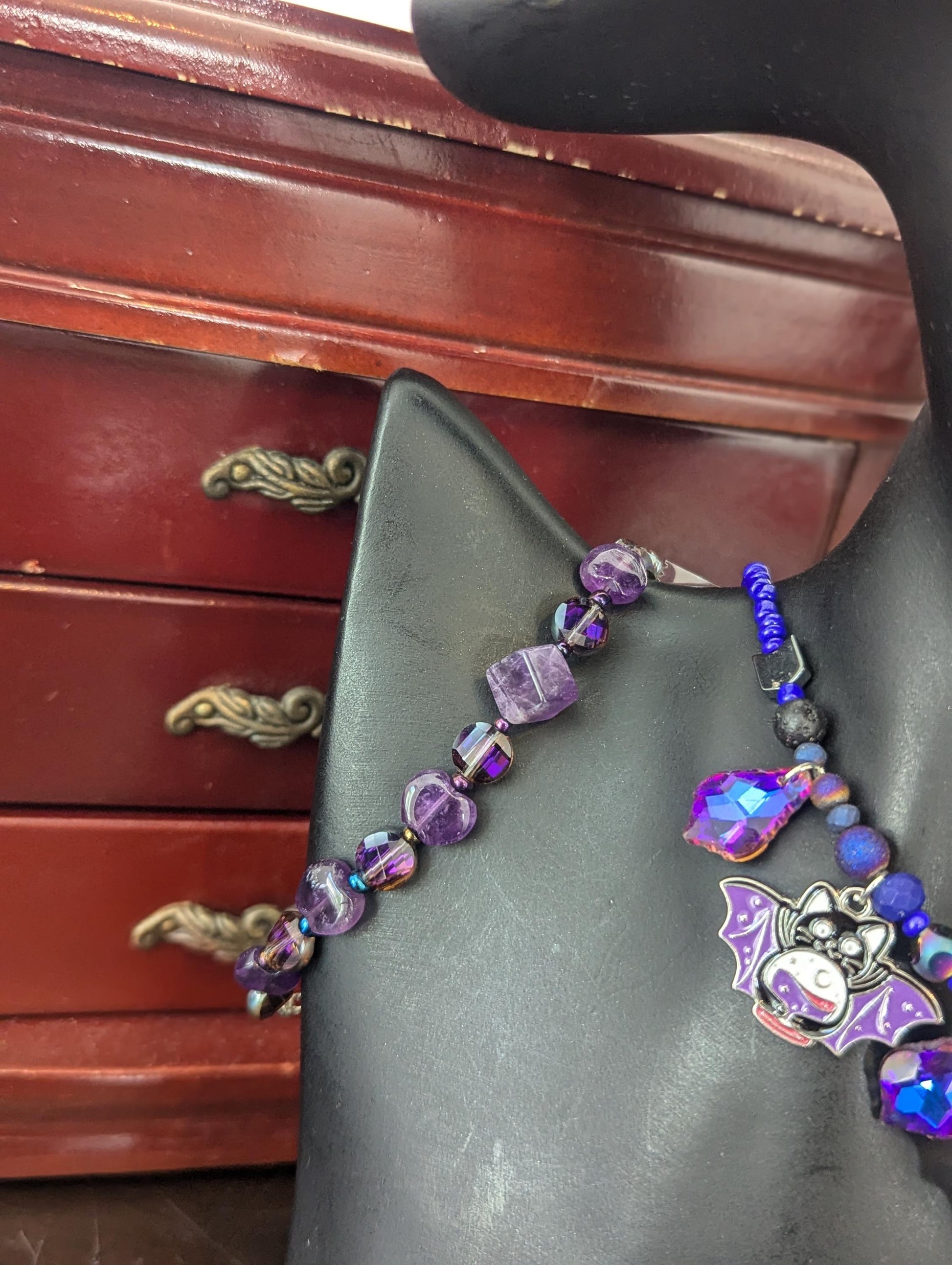 Halloween Purple Cat-Bat Set: Bat cat holding a crystal ball pendants necklace and earrings, purple baroque pendants Amethyst bracelet