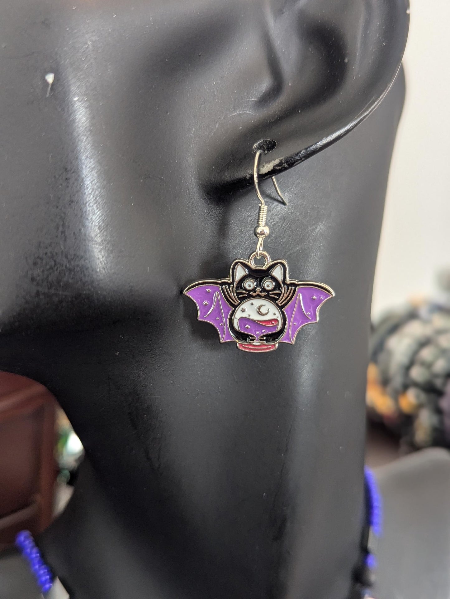 Halloween Purple Cat-Bat Set: Bat cat holding a crystal ball pendants necklace and earrings, purple baroque pendants Amethyst bracelet