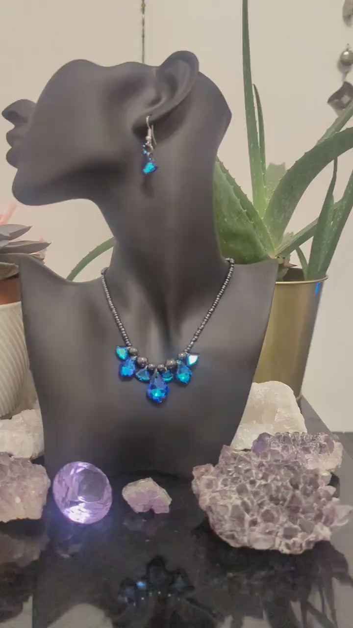 Truth Composition: Blue Purple Baroque Pendnts, Glass Blue Triangle Pendants and Dark Blue Glass Beads