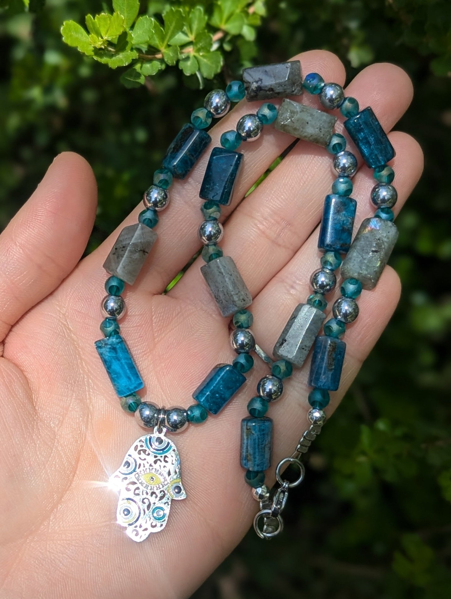 Hamsa with Evil Eyes, Labradorite and Apatite Gemstones Necklace