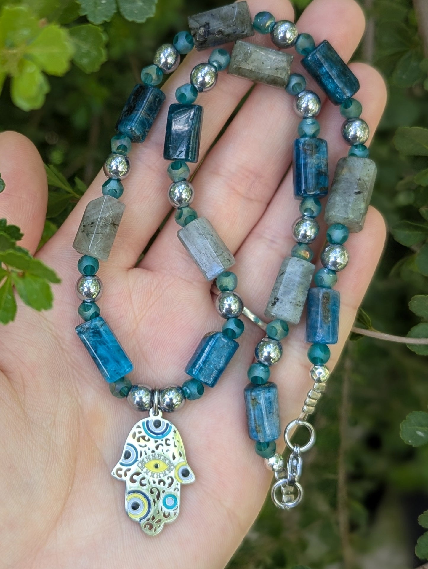 Hamsa with Evil Eyes, Labradorite and Apatite Gemstones Necklace