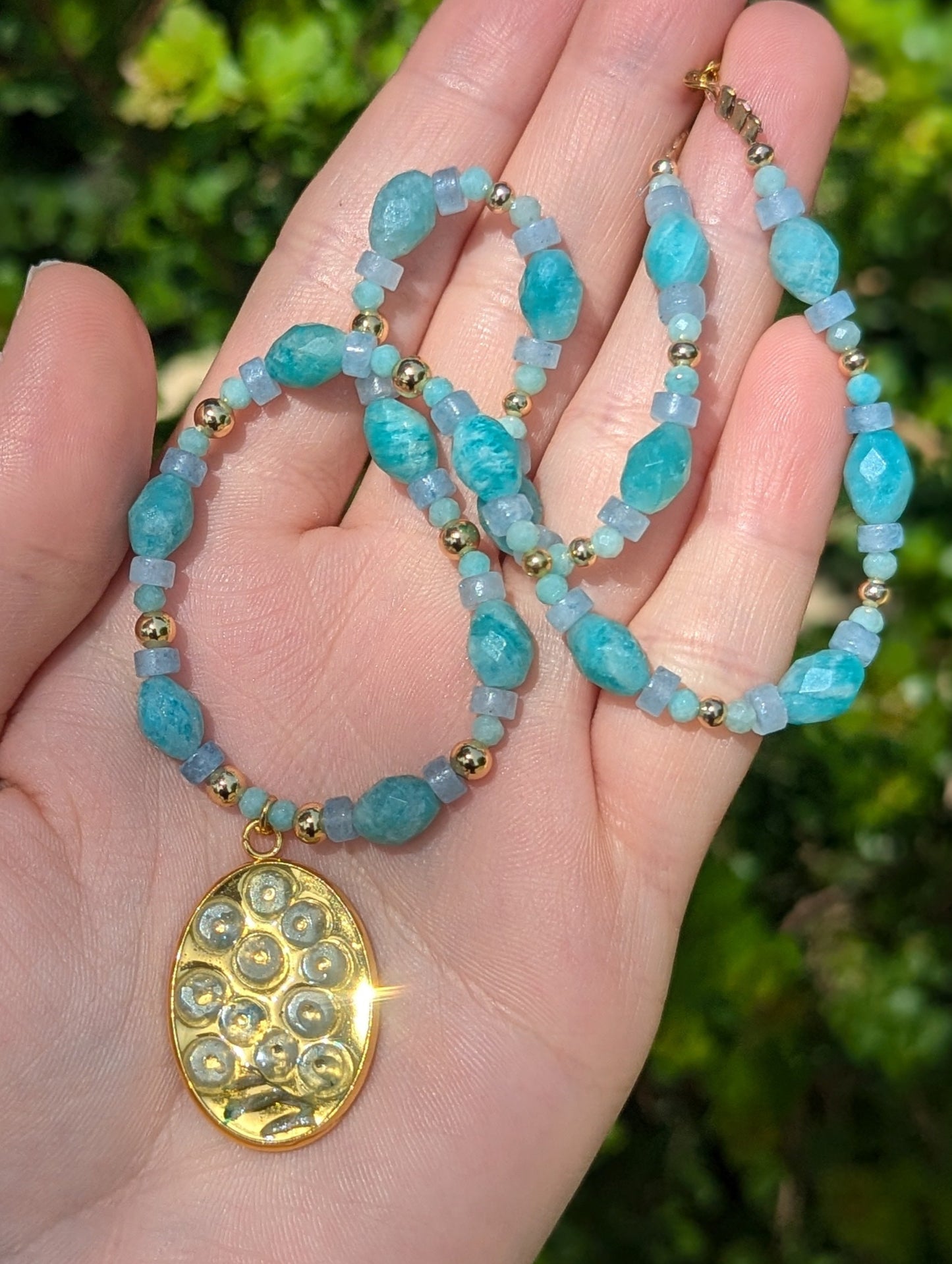 Israel Encapsulated: Aquamarine & Amazonite Necklace with Israeli Tiny Flowers and Gold Plating