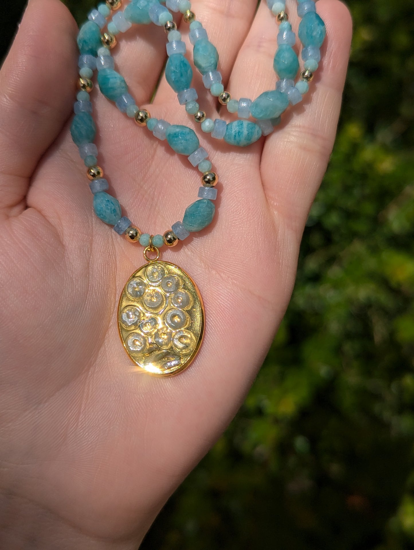 Israel Encapsulated: Aquamarine & Amazonite Necklace with Israeli Tiny Flowers and Gold Plating