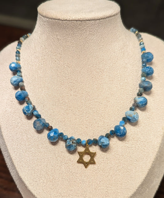 Blue Apatite Gemstones Drop Beaded Gold Plated Star of David