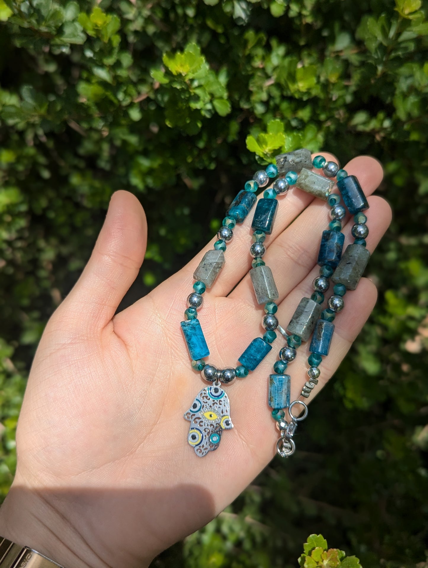 Hamsa with Evil Eyes, Labradorite and Apatite Gemstones Necklace