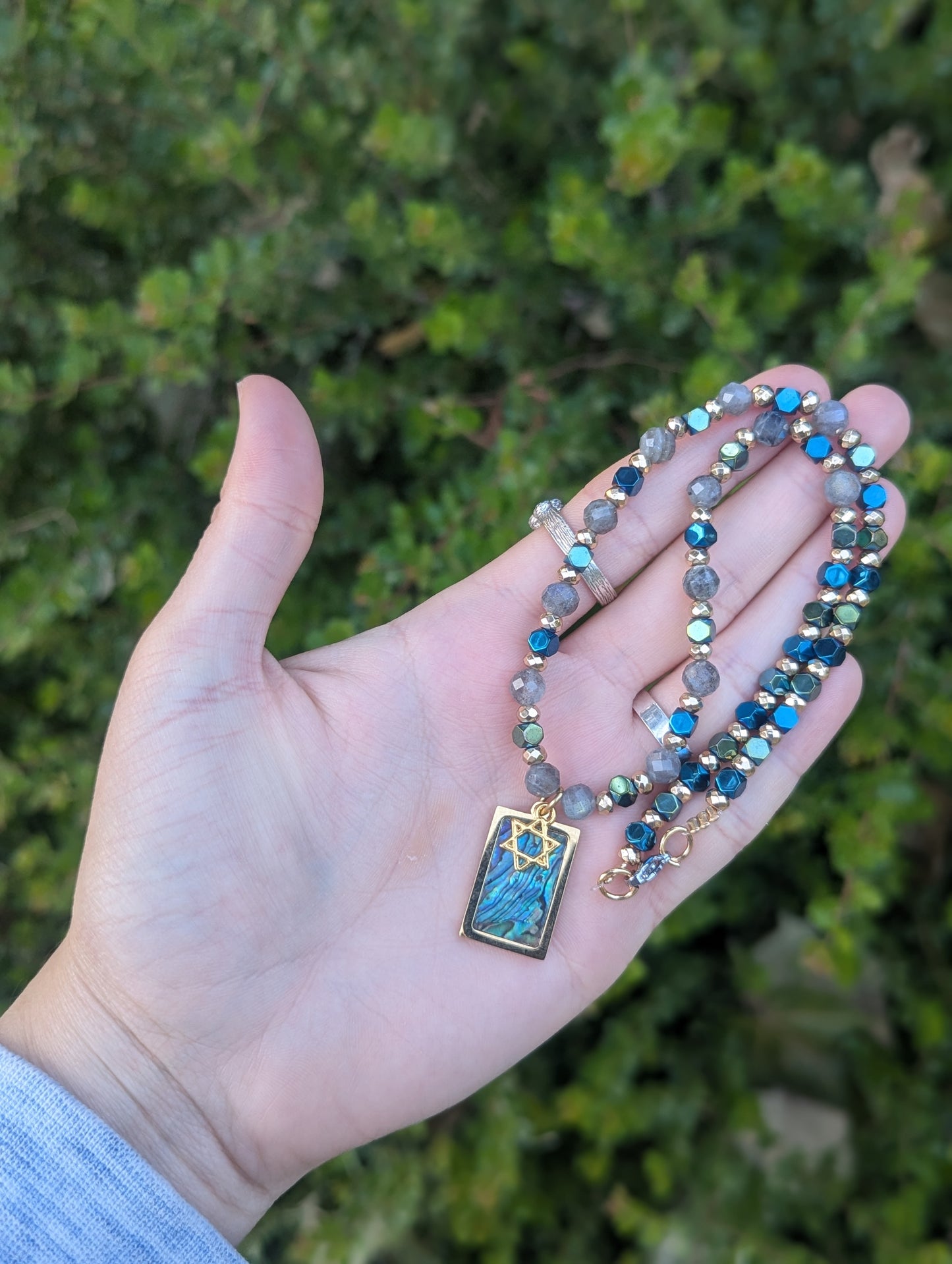 Abalone Shell Gold Plated Magen David and Labradorite Gemstones
