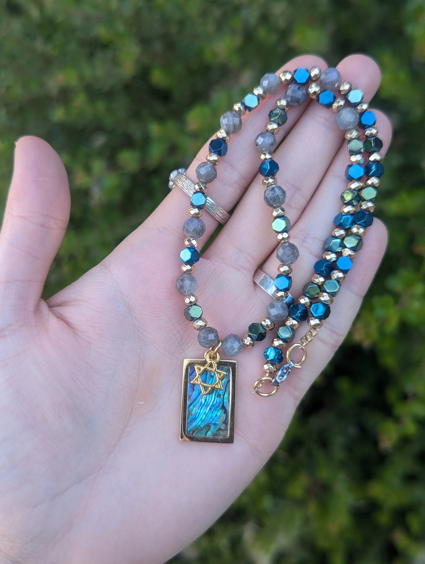 Abalone Shell Gold Plated Magen David and Labradorite Gemstones