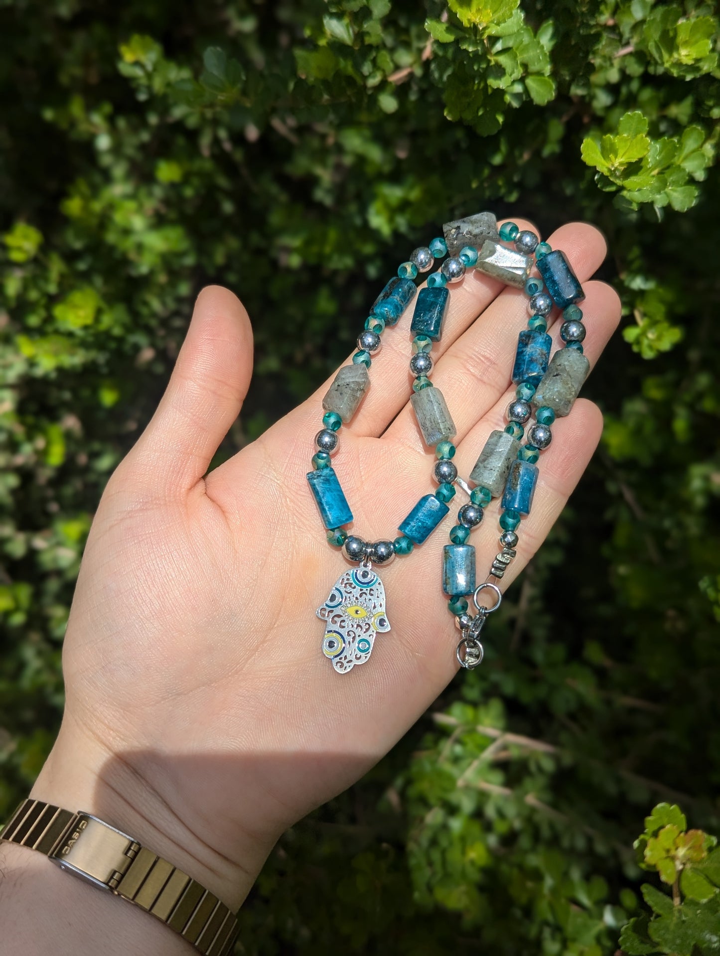 Hamsa with Evil Eyes, Labradorite and Apatite Gemstones Necklace