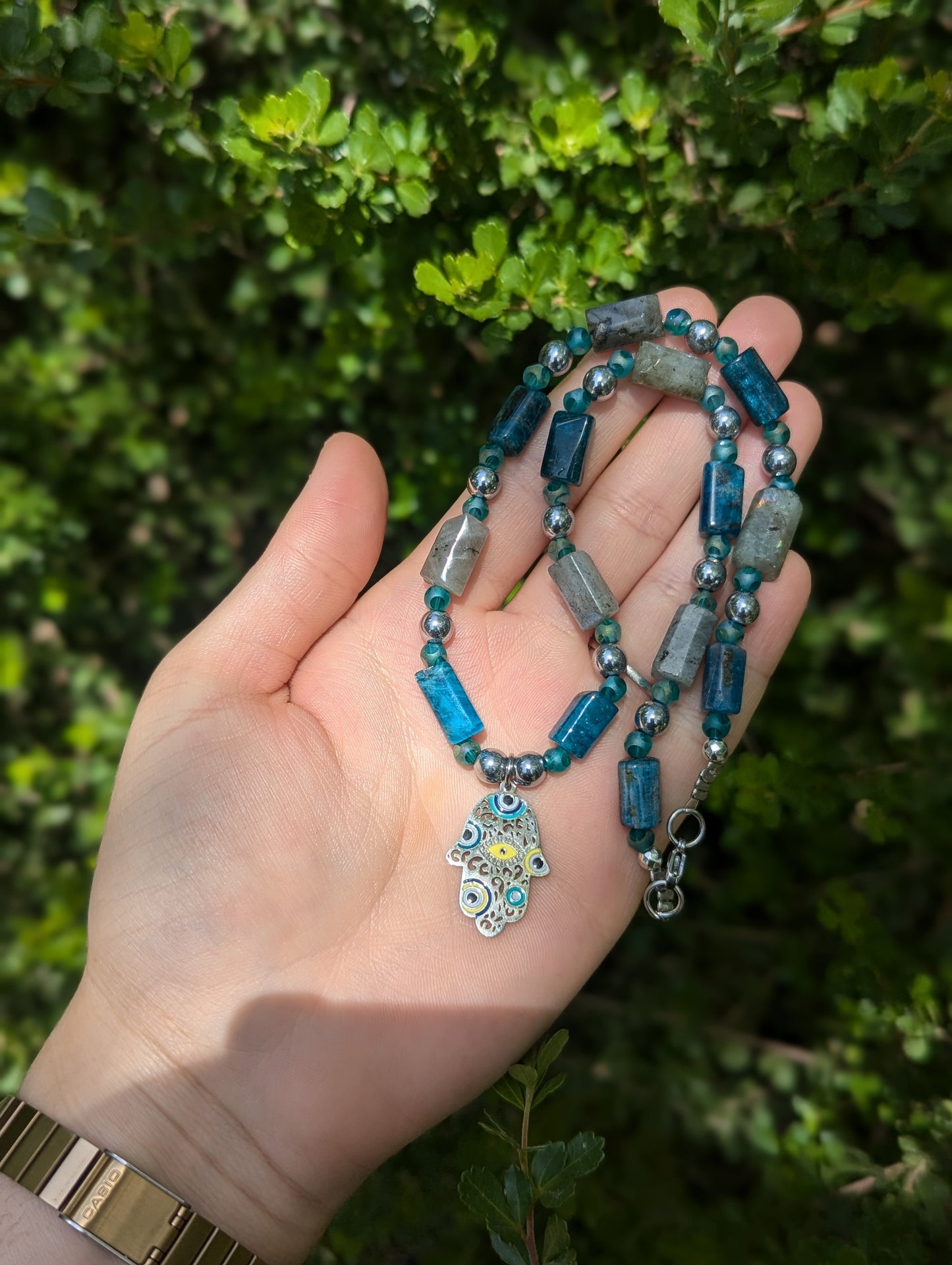 Hamsa with Evil Eyes, Labradorite and Apatite Gemstones Necklace